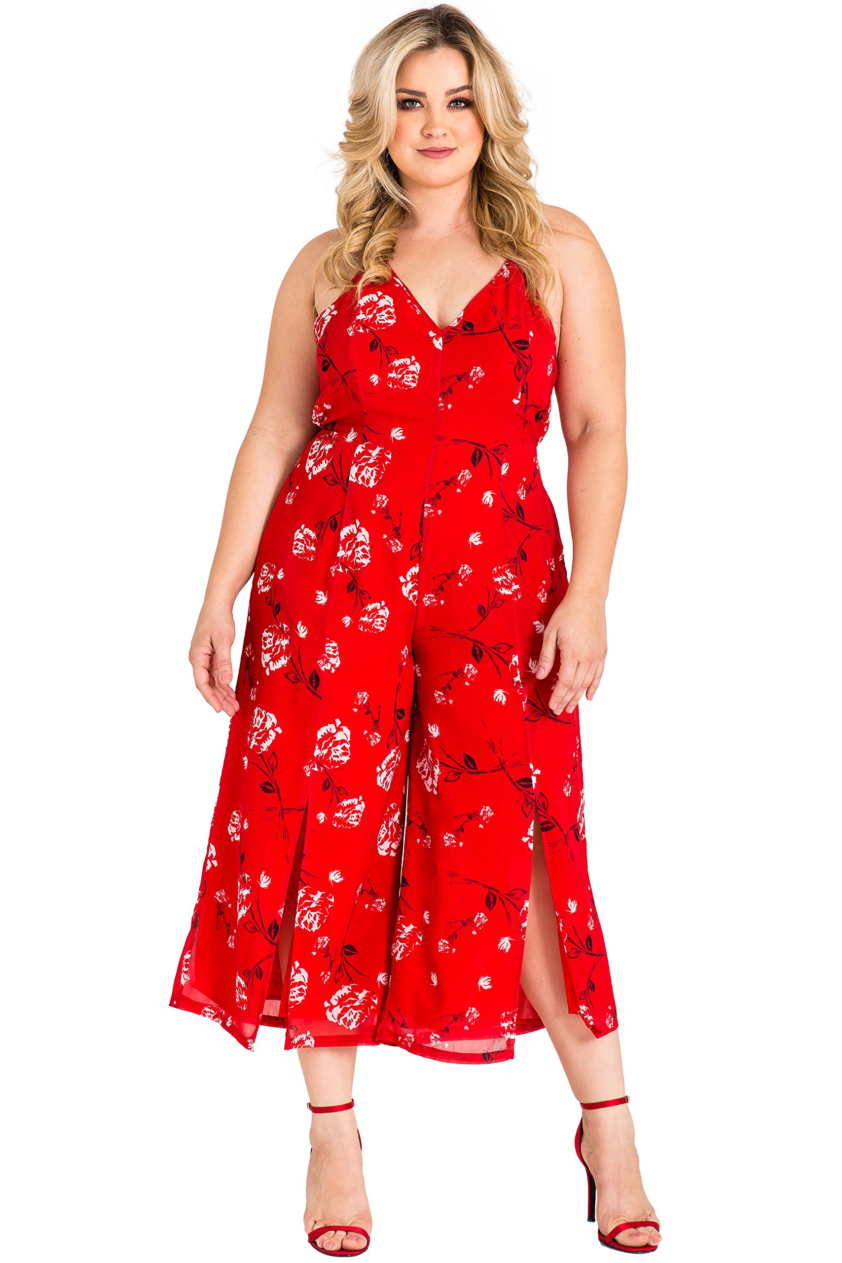 Plus Size Women's Red Floral Chiffon Slit Capri Jumpsuit - Elegant & Comfortable Summer Outfit for Casual Wear, Parties & Vacations