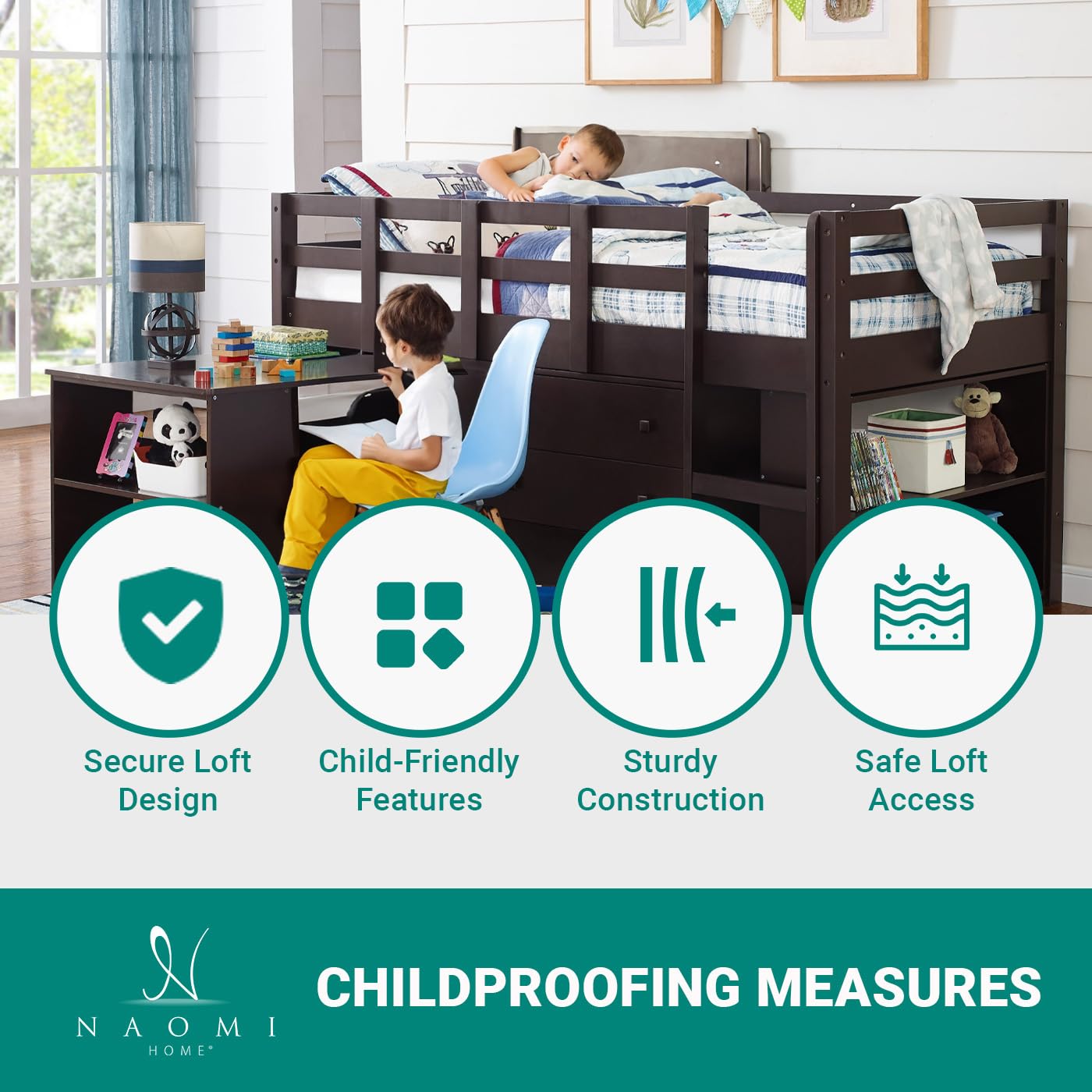 Naomi Home Twin Size Loft Bed with Desk & Storage - Pine Wood Study Bed for Kids with Safety Guard Rails, Bookcase Shelf & Cabinet Ladder - Espresso Finish - Perfect for Small Bedrooms, Dorm Rooms & Kids' Study Spaces