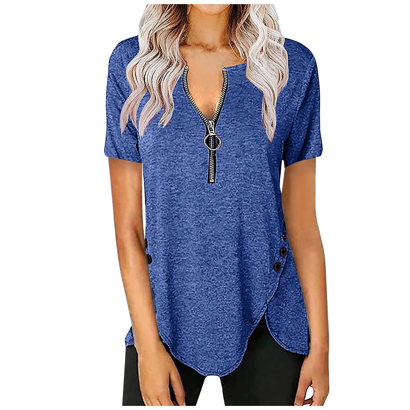 Qisemi Women's Summer Tops - Short Sleeve V Neck Zipper Cold Shoulder Blouse Tunic Tee | Casual Chic Outfit for Beach, Vacation & Daily Wear
