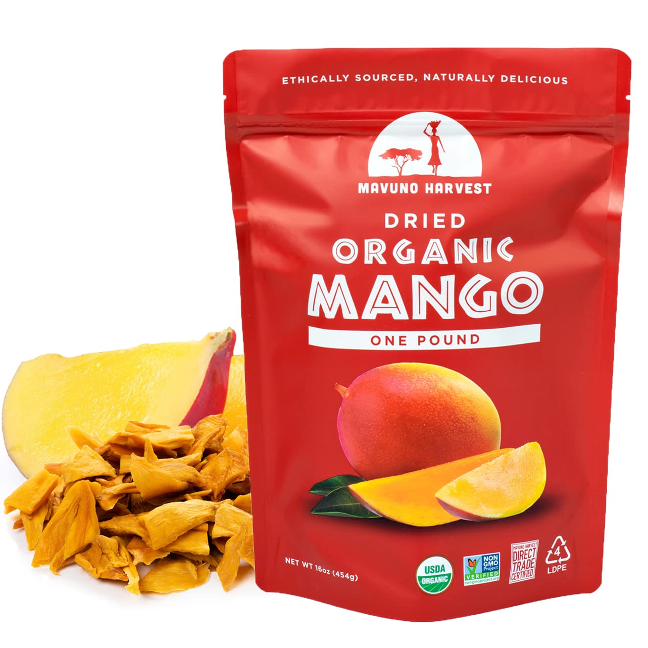 Organic Dried Mango Slices by Mavuno Harvest | Unsweetened Vegan Snacks | Gluten Free, Non-GMO Healthy Fruit Snacks for Kids & Adults | 1lb Resealable Bag | Perfect for Lunchboxes, Hiking & On-the-Go Snacking