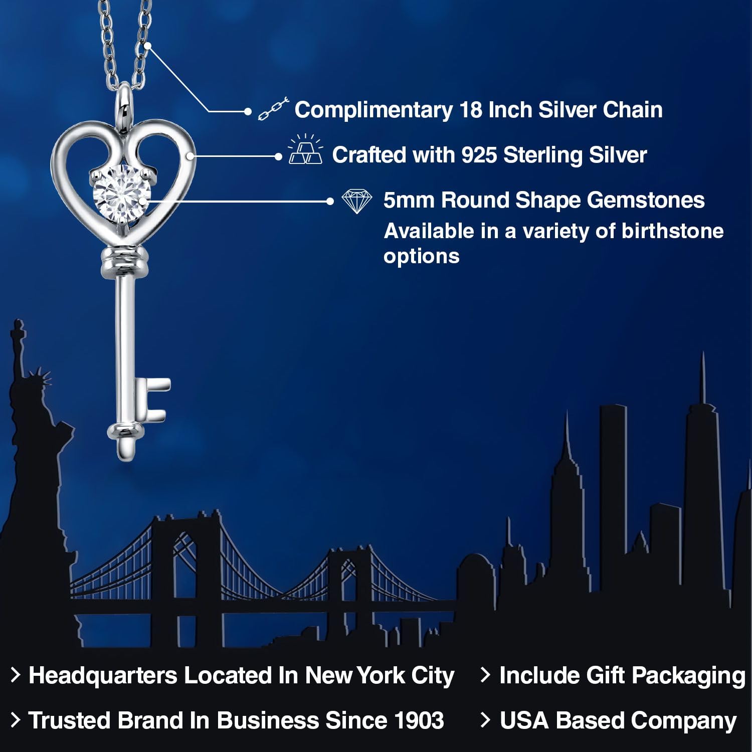 Gem Stone King 925 Sterling Silver Heart Key Pendant Necklace for Women - 5MM Round Birthstone Jewelry | Perfect Gift for Mom, Wife, Birthday, Anniversary & Graduation | 18