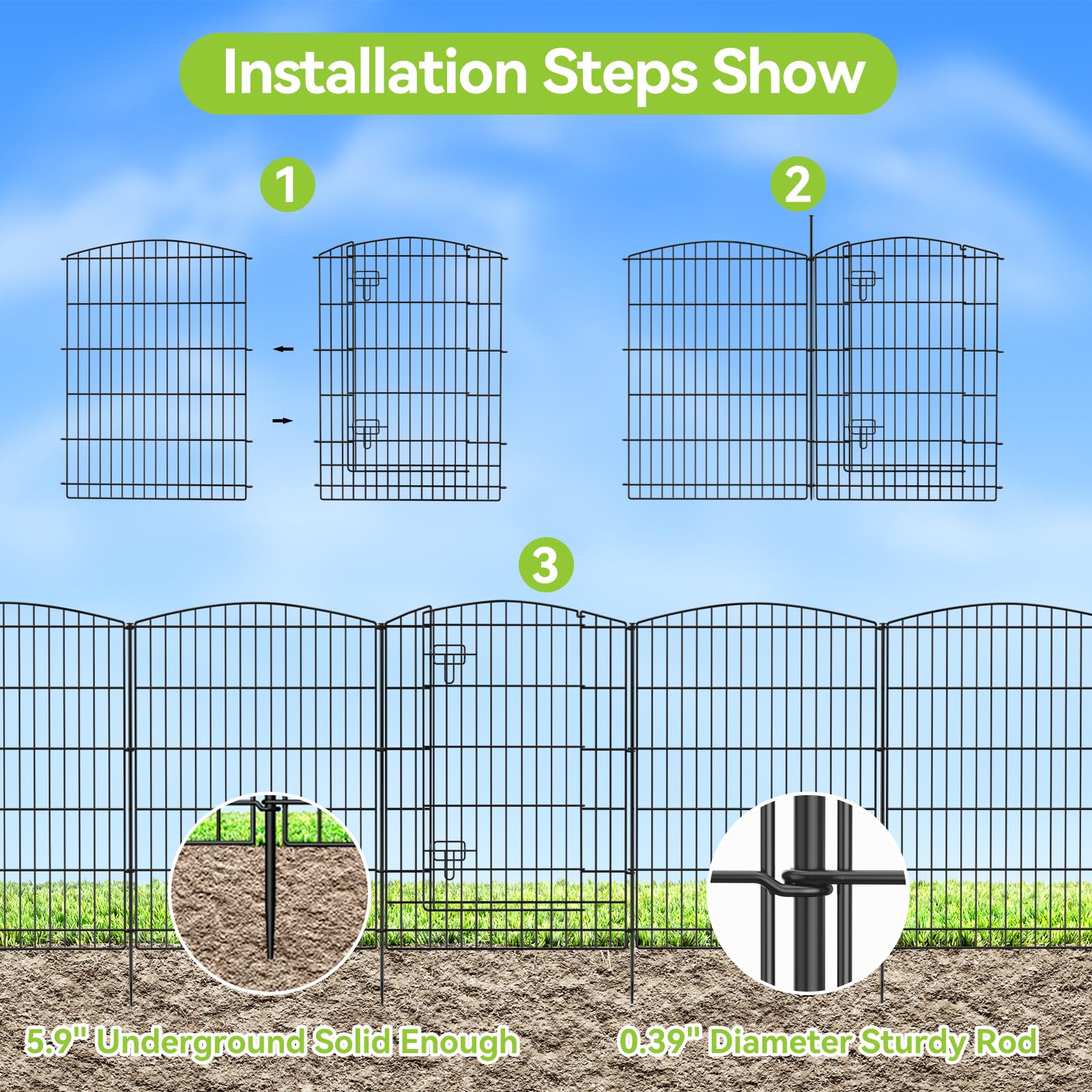 INJOPEXI 6-Panel Decorative Garden Fence - 13ft Length x 36in Height Rustproof Metal Wire Animal Barrier with Gate - No Dig Temporary Fencing for Rabbits, Dogs, Pets - Perfect for Patio, Yard, Outdoor Decor & Garden Protection