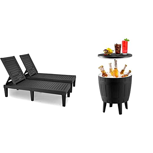YITAHOME 2-Piece Black Outdoor Chaise Lounge Chairs with 3-in-1 Adjustable Height Cooler Side Table - 9.8 Gallon Patio Cooler with Drainage Plug - Perfect for Poolside Relaxation, Deck Parties & Backyard Lounging