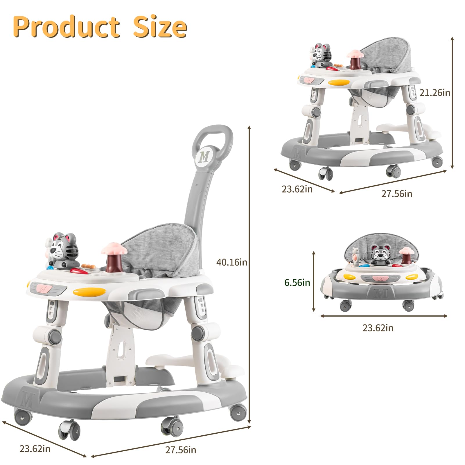5-in-1 Adjustable Baby Walker with Wheels & Music Toys - Foldable Infant Activity Center for Boys & Girls 6-24 Months (Grey) - Perfect for Learning to Walk, Playtime & Early Development at Home