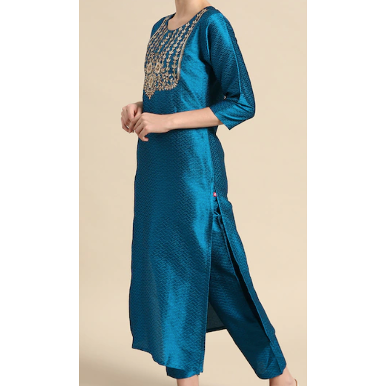 Stylish Blue & Golden Embroidered Jacquard Kurta Set with Matching Trousers | Traditional Indian Ethnic Wear for Women | Perfect for Festivals, Weddings & Special Occasions