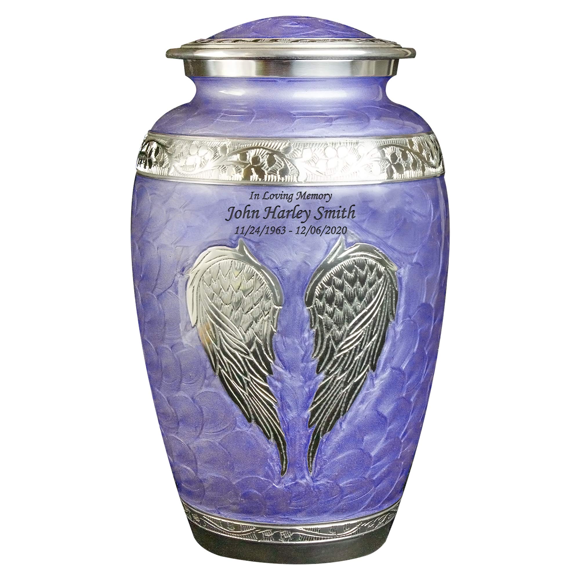 Personalized Engraved Angel Wings Funeral Urn for Ashes - Extra Large Cremation Urn with Velvet Bag (Lilac) | Memorial Keepsake for Loved Ones | Perfect for Home Display, Funeral Services & Memorial Ceremonies