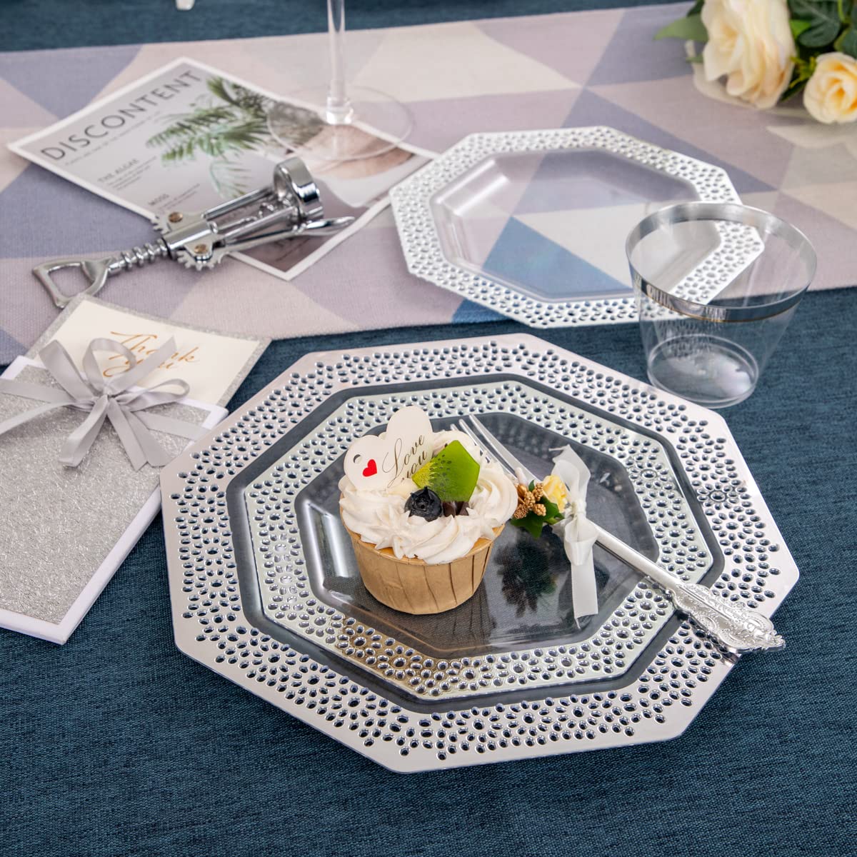 DaYammi 150-Piece Disposable Silver Plastic Dinnerware Set - 30 Dinner Plates, 30 Dessert Plates, 30 Forks, 30 Knives, 30 Spoons - Elegant Plastic Cutlery for Wedding, Party, Banquet & Catering Events