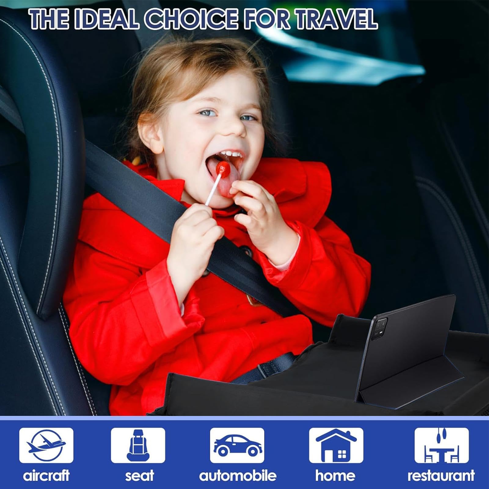 Foldable Kids Car Seat Tray with Adjustable Strap & Pocket - Travel Lap Desk for Snacks & Toys