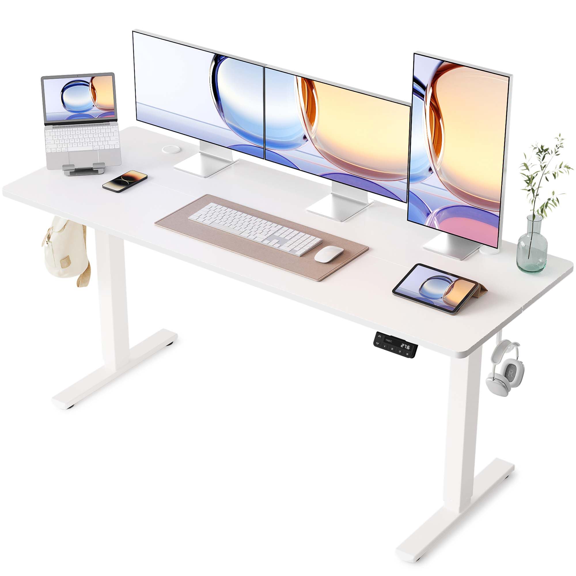 YIHAYO 63 x 24 Inches Electric Adjustable Standing Desk with Splice Board - Height Adjustable Computer Desk for Home Office (White Frame/White Top) - Perfect for Remote Work, Gaming & Study Setup