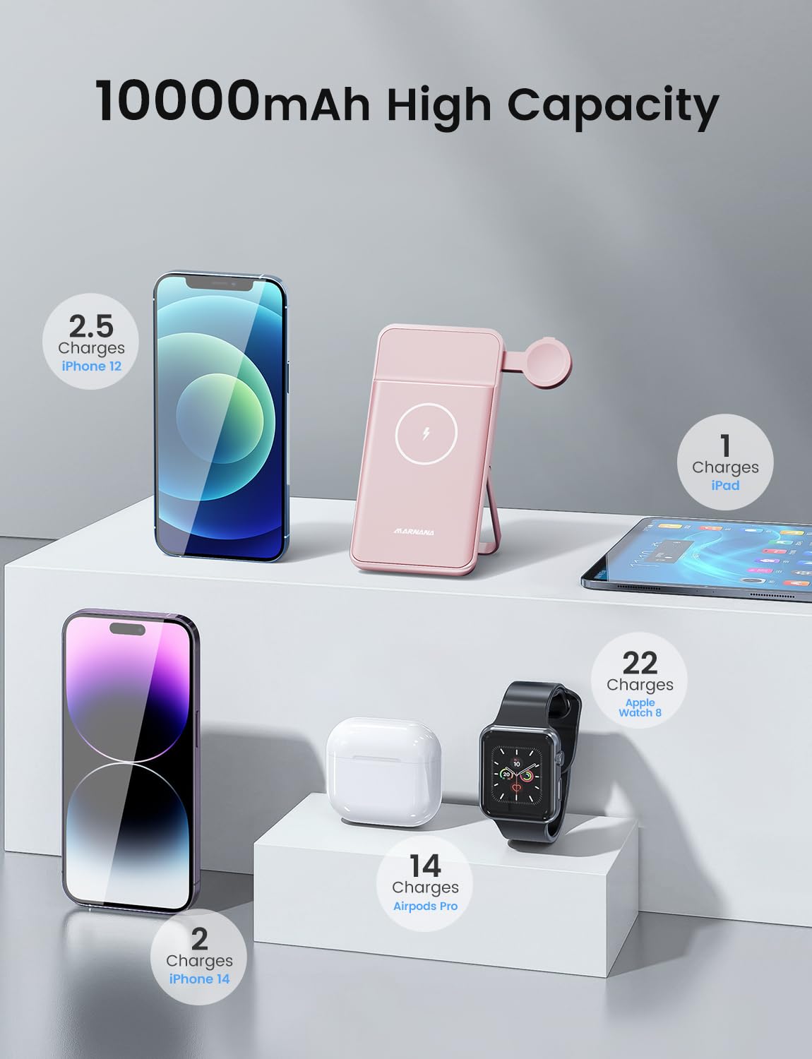 10000mAh Magnetic Wireless Power Bank with Apple Watch Charger - Fast Charging Portable Battery for MagSafe iPhone 12/13/14/15 & Apple Watch, Foldable Stand Design - Pink | Perfect for Travel, Work & On-the-Go Charging