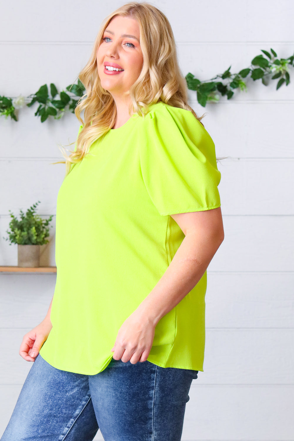 Stylish Neon Green Round Neck Puff Sleeve Crepe Blouse for Women | Trendy Casual & Party Wear | Perfect for Date Nights, Office Outfits & Summer Fashion