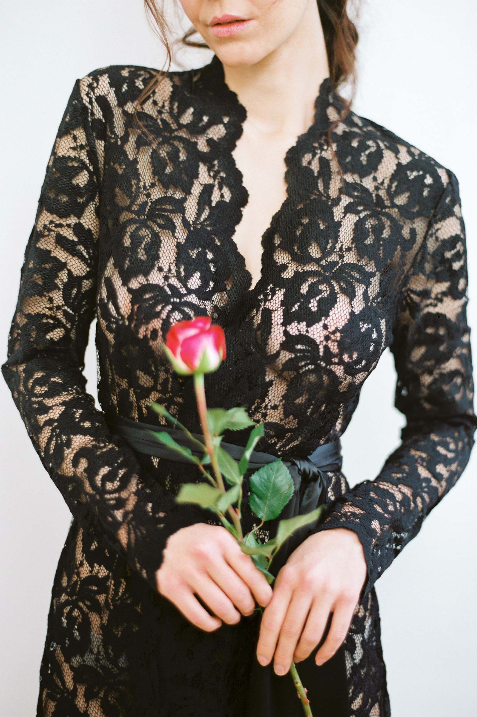 Lauren Stretch French Lace Robe in Black - Elegant Lingerie for Women | Perfect for Bridal, Honeymoon & Special Occasions