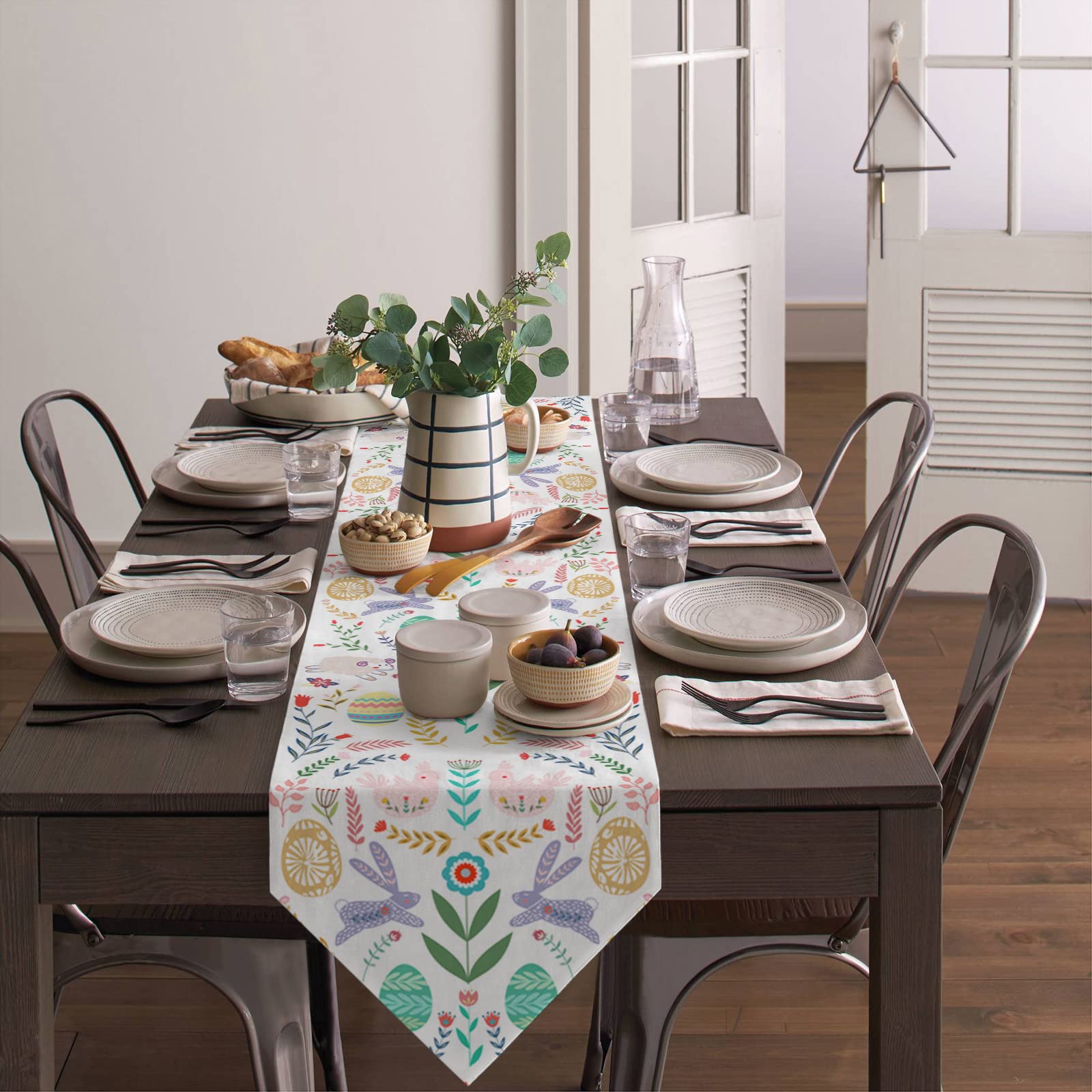 Easter Table Runner - 13x108 Inch Bunny & Eggs Design Spring Floral Decorative Table Scarf for Easter Dinner, Kitchen Decor, Home Party & Seasonal Celebration - Perfect for Holiday Dining Room Decorations