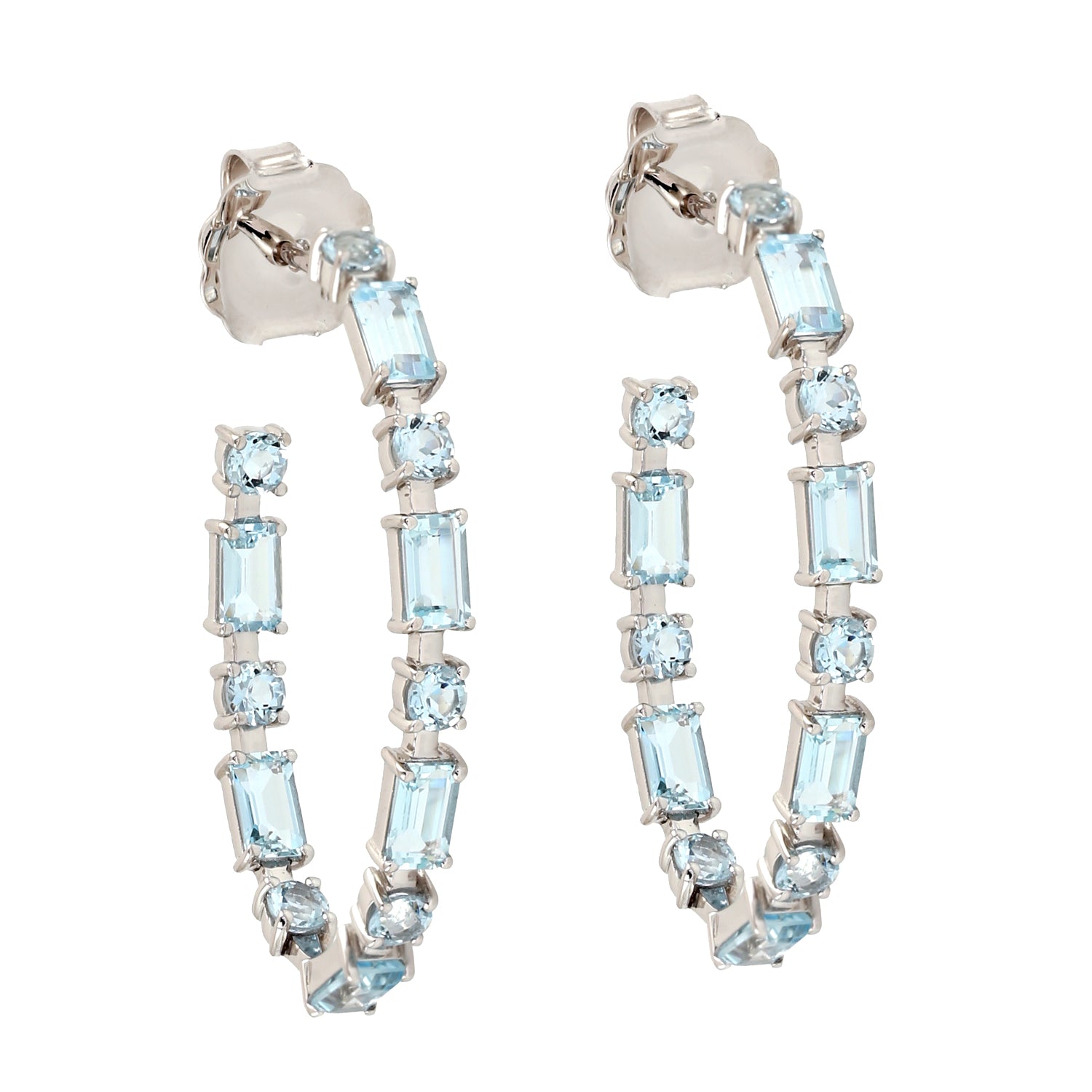 18K White Gold Baguette Cut Aquamarine Long Hoop Earrings | Elegant Dangle Earrings for Women | Perfect for Weddings, Parties & Special Occasions