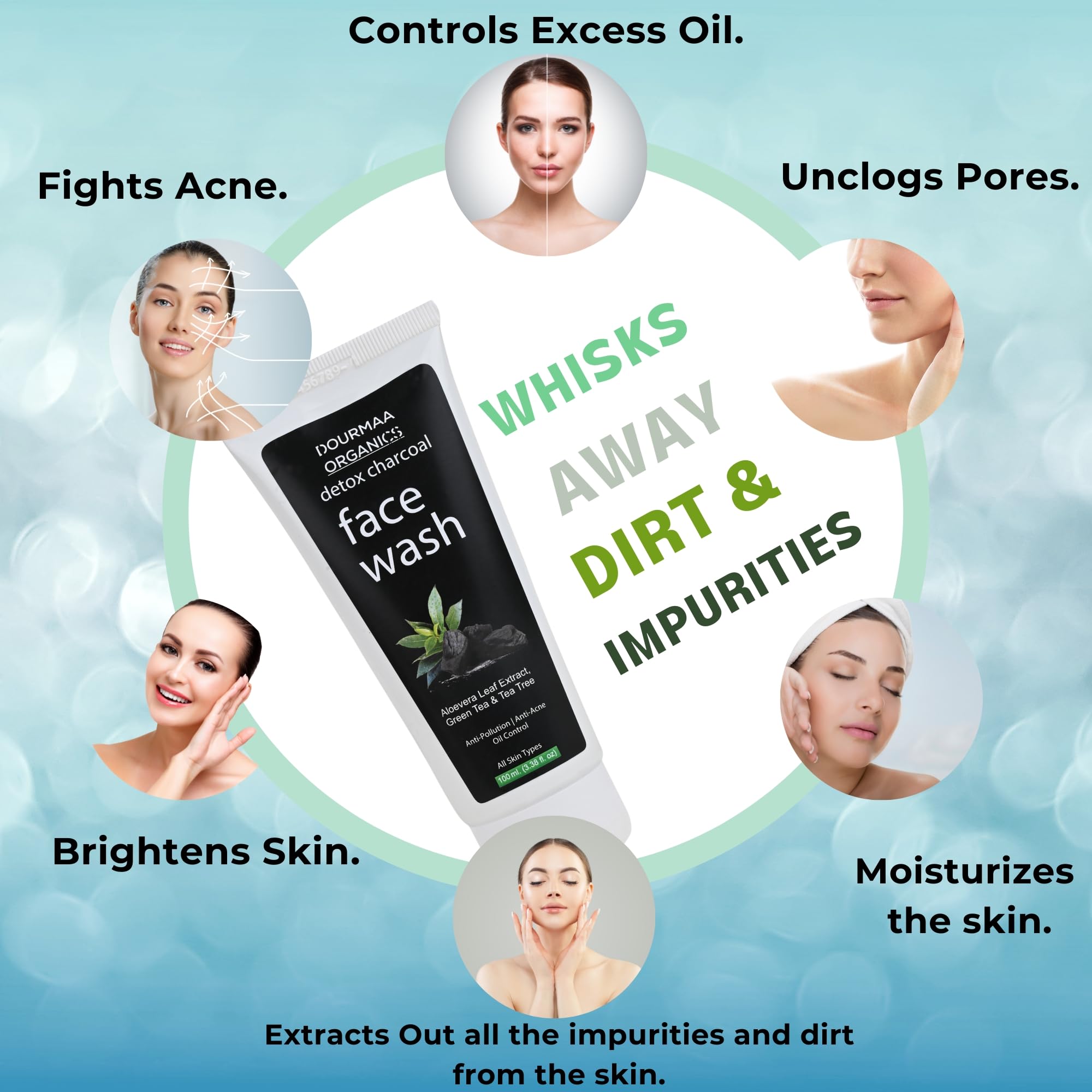 Dourmaa Organics Detox Activated Charcoal Face Wash with Vitamin C, Green Tea & Tea Tree - Anti Acne, Oil Control & Pollution Protection - Aloe Vera Extract - Unisex 100ml (Pack of 1) - Perfect for Daily Skincare Routine & Deep Cleansing