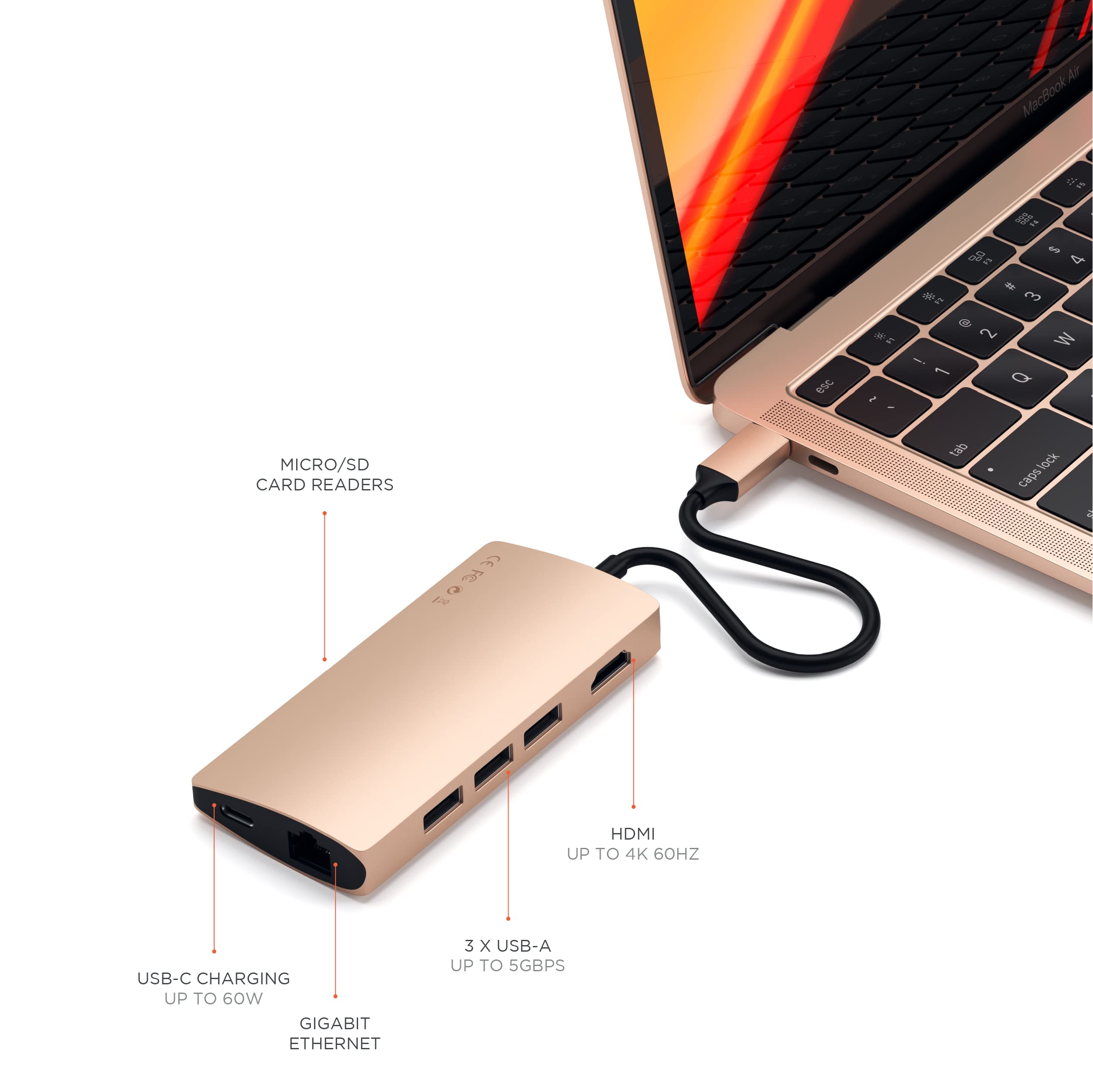 SATECHI USB C Hub Multiport Adapter V2 - 4K HDMI (60Hz), 60W USB C Charging, Gigabit Ethernet, SD/Micro Card Readers, USB 3.0 - USB C Dongle for MacBook Pro/Air M1 M2 (Gold) - Perfect for Work, Travel & Home Office Connectivity