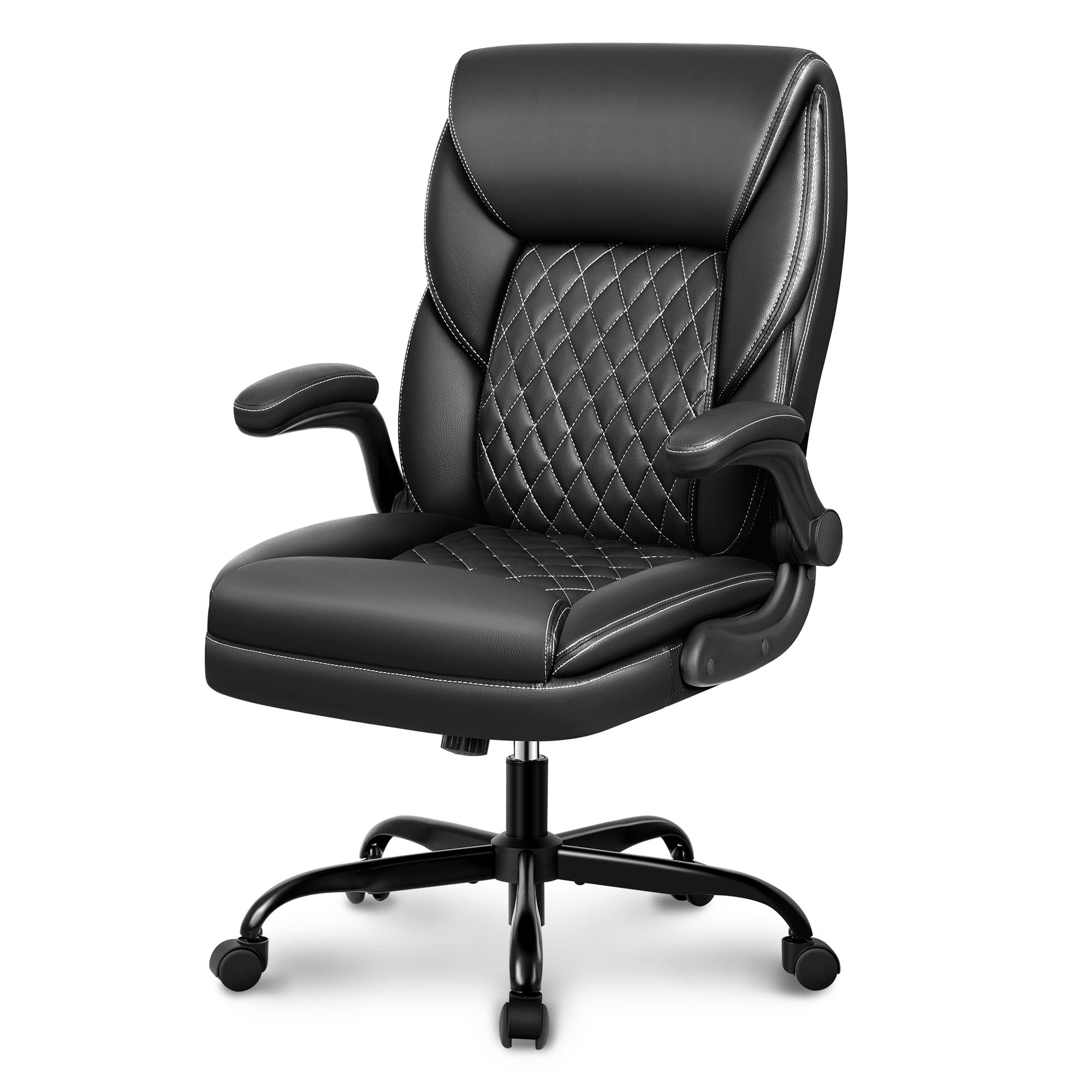 Premium Ergonomic Office Chair - Executive Leather Desk Chair with Adjustable Flip-Up Arms & Lumbar Support - Swivel Task Chair with Rocking Function for Home Office, Computer Work & Gaming (Black) - Perfect for Long Work Hours & Comfortable Workspaces