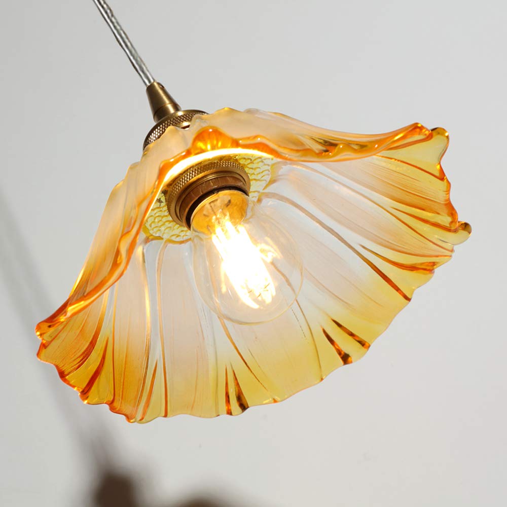 Lotus Shaped Yellow Glass Plug-in Pendant Light with 15ft Dimmer Cord & Copper Holder - E26 Ceiling Chandelier for Bedroom, Living Room, Dining Room - Perfect for Ambient Wall Lighting (Bulbs Not Included)