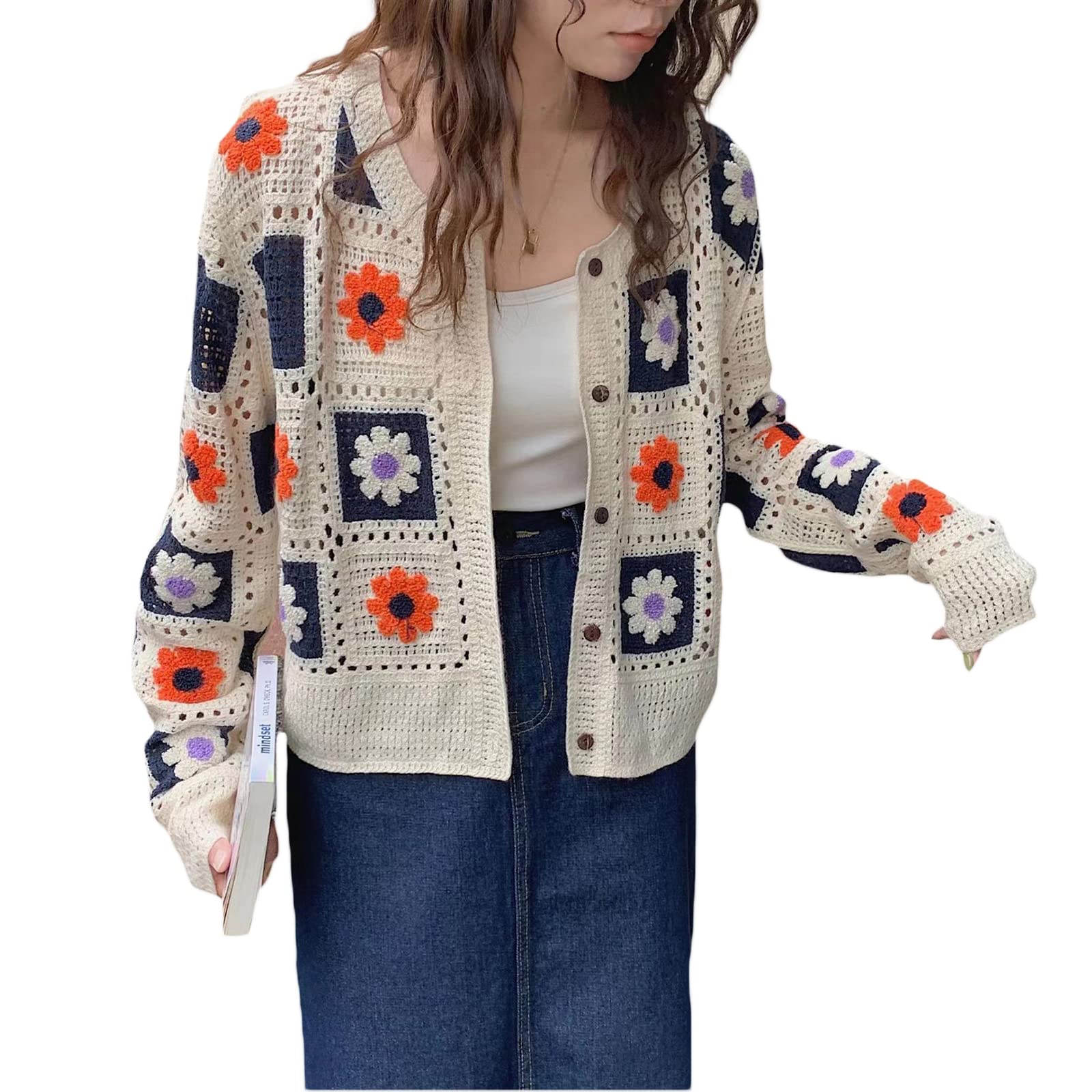 Y2K Vintage Floral Print Knit Cropped Cardigan for Women - Long Sleeve Button Down Kawaii Sweater | Fairy Grunge Aesthetic Outfit for Casual Wear, Date Night & Cozy Fall Fashion