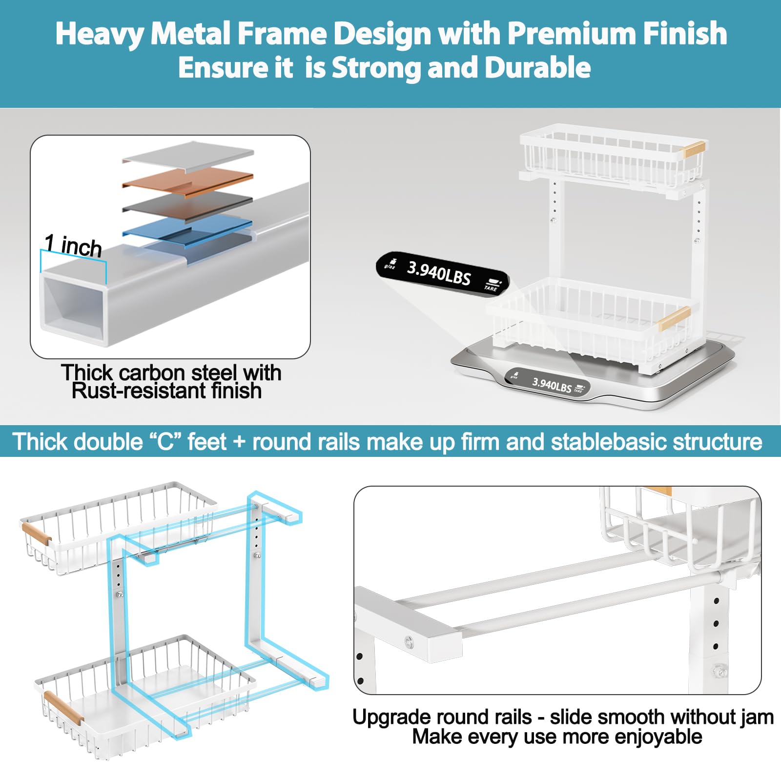 2-Pack Under Sink Organizer with Slide-Out Shelves | Adjustable Height Pull-Out Cabinet Drawers | White Metal Storage Shelf for Kitchen & Bathroom | Perfect for Maximizing Under-Sink Space & Organizing Cleaning Supplies
