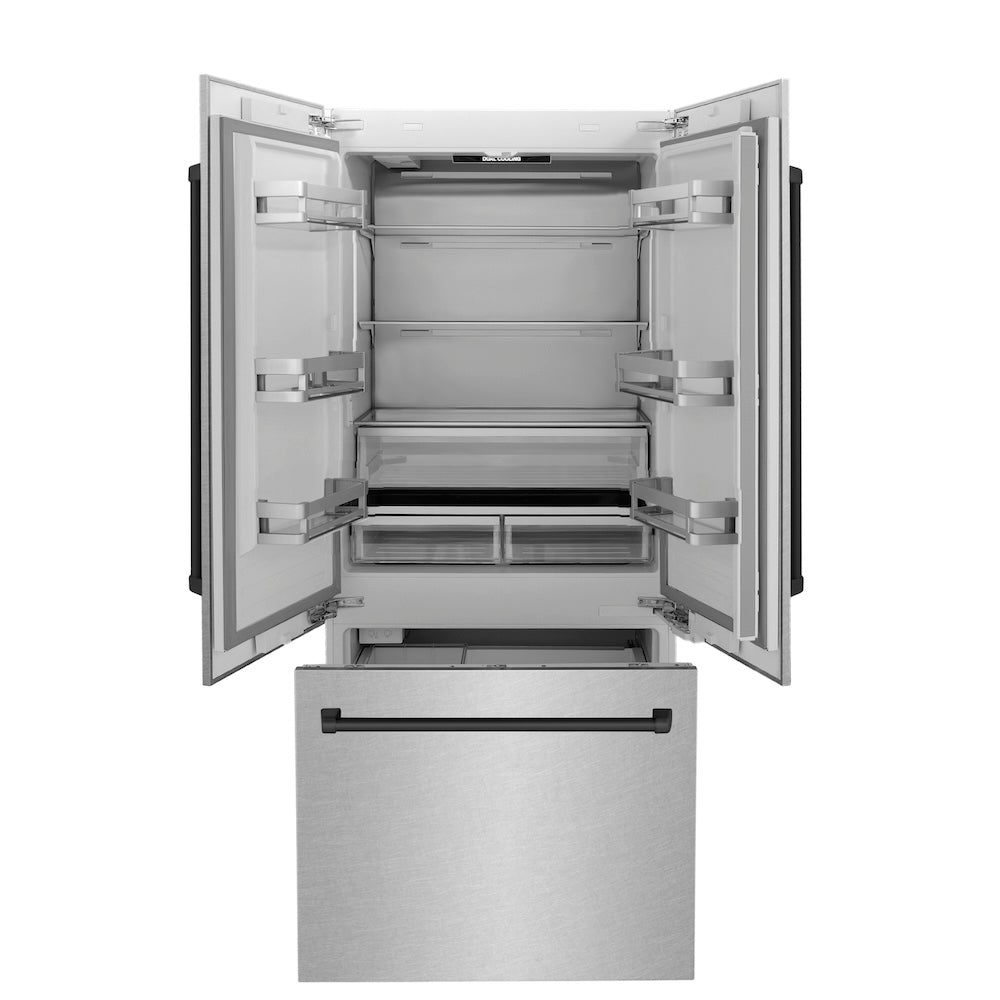 ZLINE Autograph Edition 36 Inch French Door Built-In Refrigerator with Bottom Freezer - 19.6 cu.ft Capacity, Water Dispenser & Ice Maker - Satin Stainless Steel with Matte Black Accents (RBIVZ SN 36 MB) - Perfect for Modern Kitchens and Open-Concept Homes
