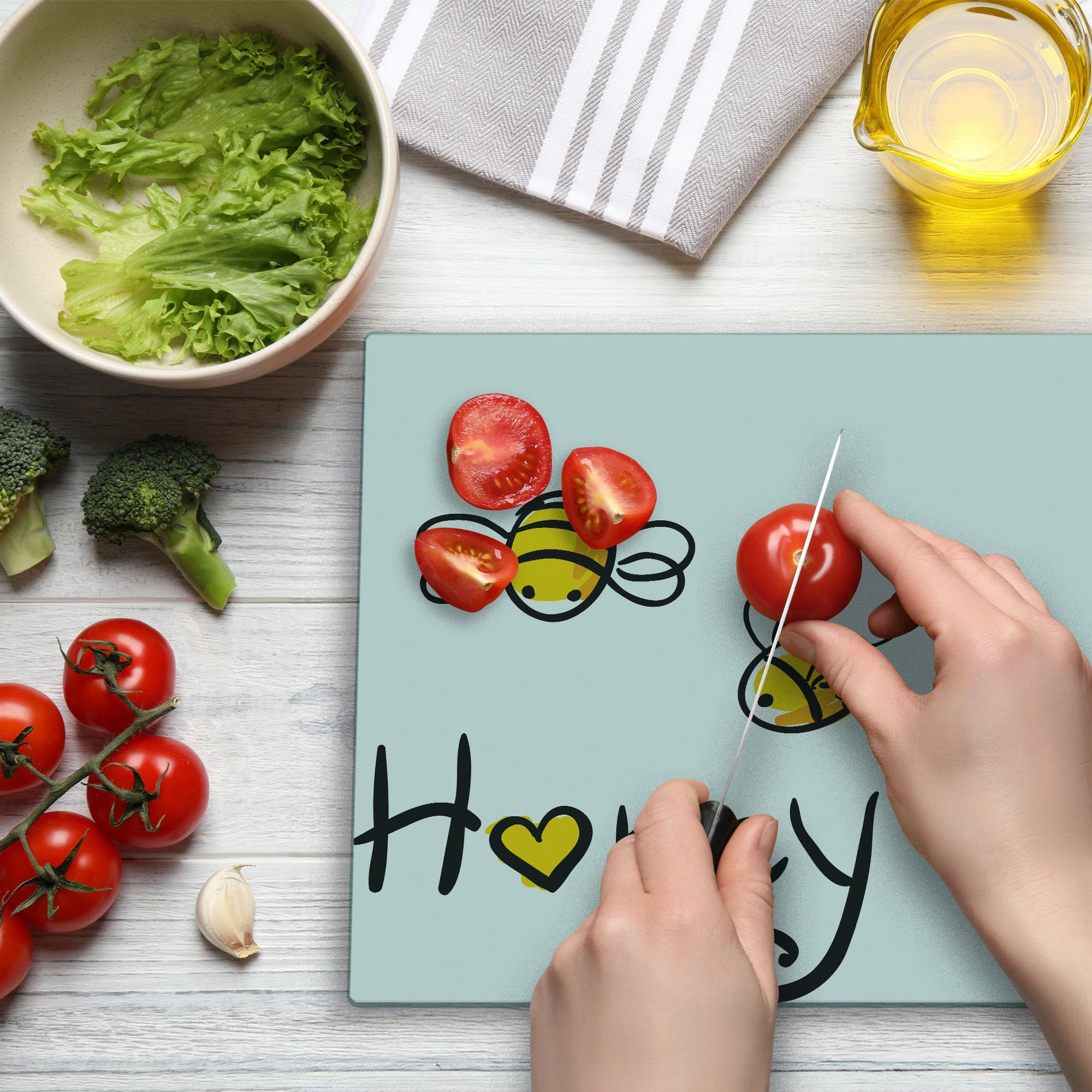 Ambesonne Honey Cutting Board - Doodle Bees Design, Large Tempered Glass for Kitchen & Serving