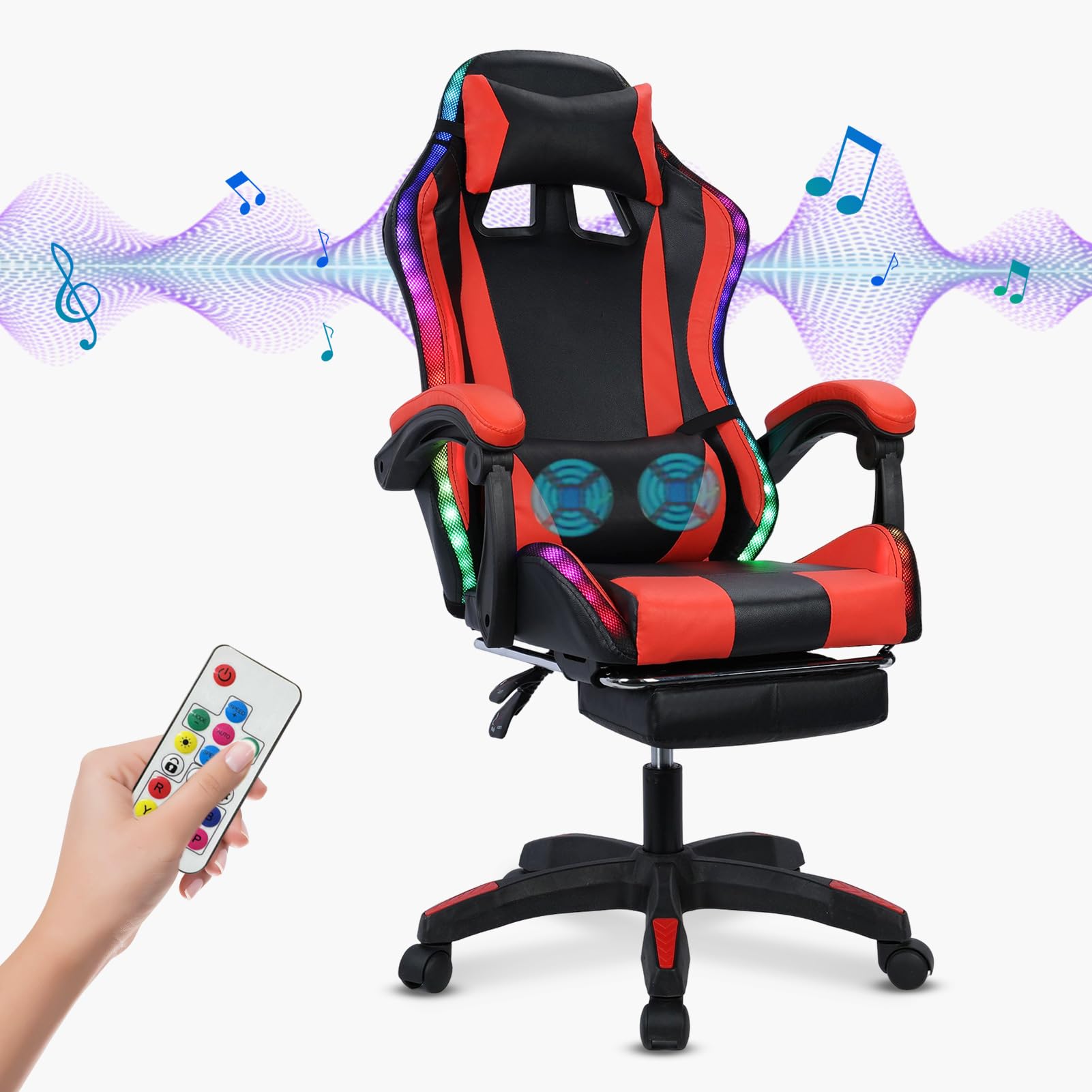 RGB Gaming Chair with Bluetooth Speakers & Massage - Adjustable Height Ergonomic Computer Chair for Adults - High Back Video Game Chair with Lumbar Support - Perfect for Esports, Streaming & Home Office