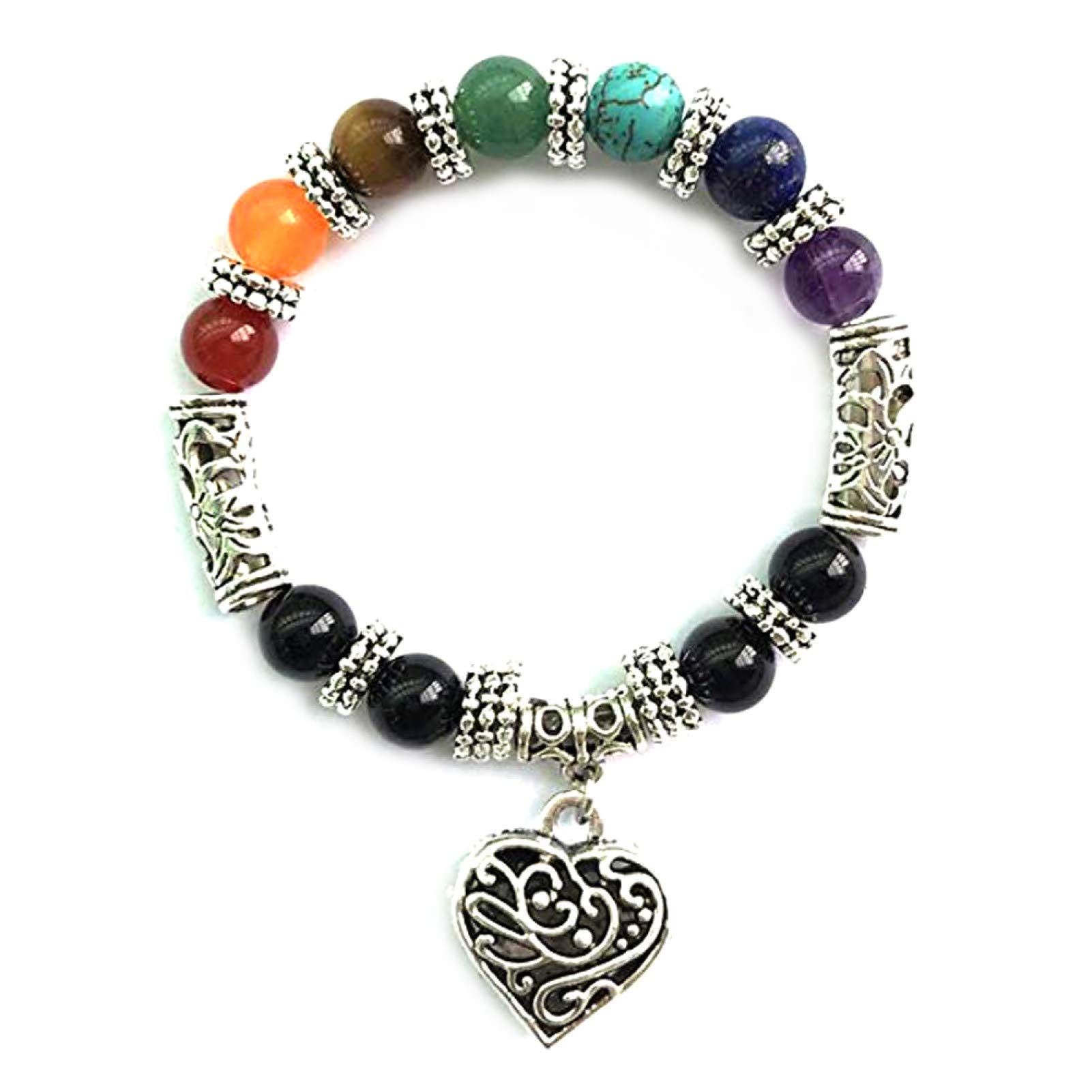 Hislaves Vintage 7 Chakra Balancing Stone Beaded Bracelet for Women - Healing Crystal Energy Jewelry with Heart Charm - Spiritual Gift for Meditation, Yoga & Positive Energy