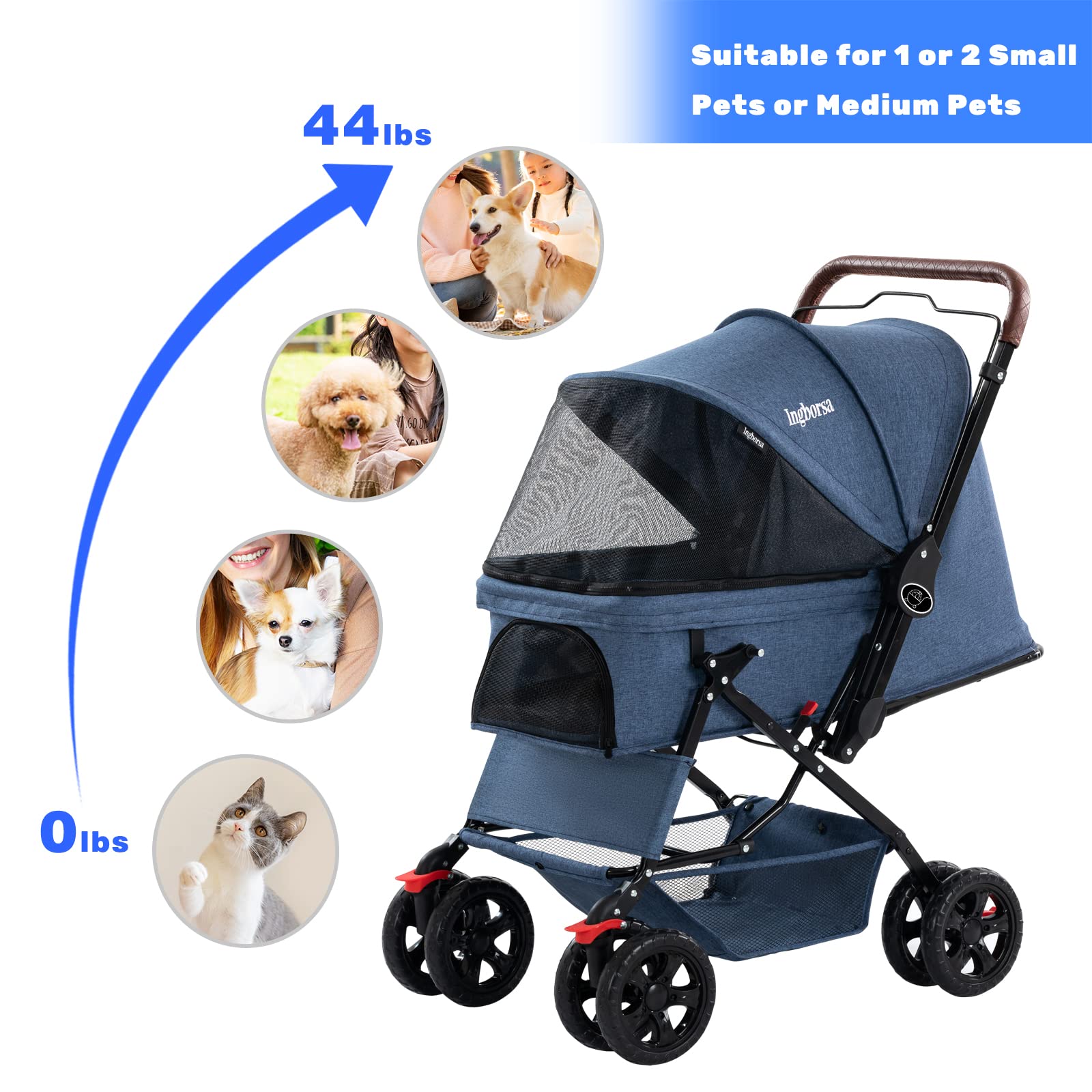 Premium 4-Wheel Pet Stroller for Small & Medium Dogs & Cats - Weatherproof Cover & Storage Basket - Blue - Perfect for Outdoor Walks, Vet Visits & Shopping Trips