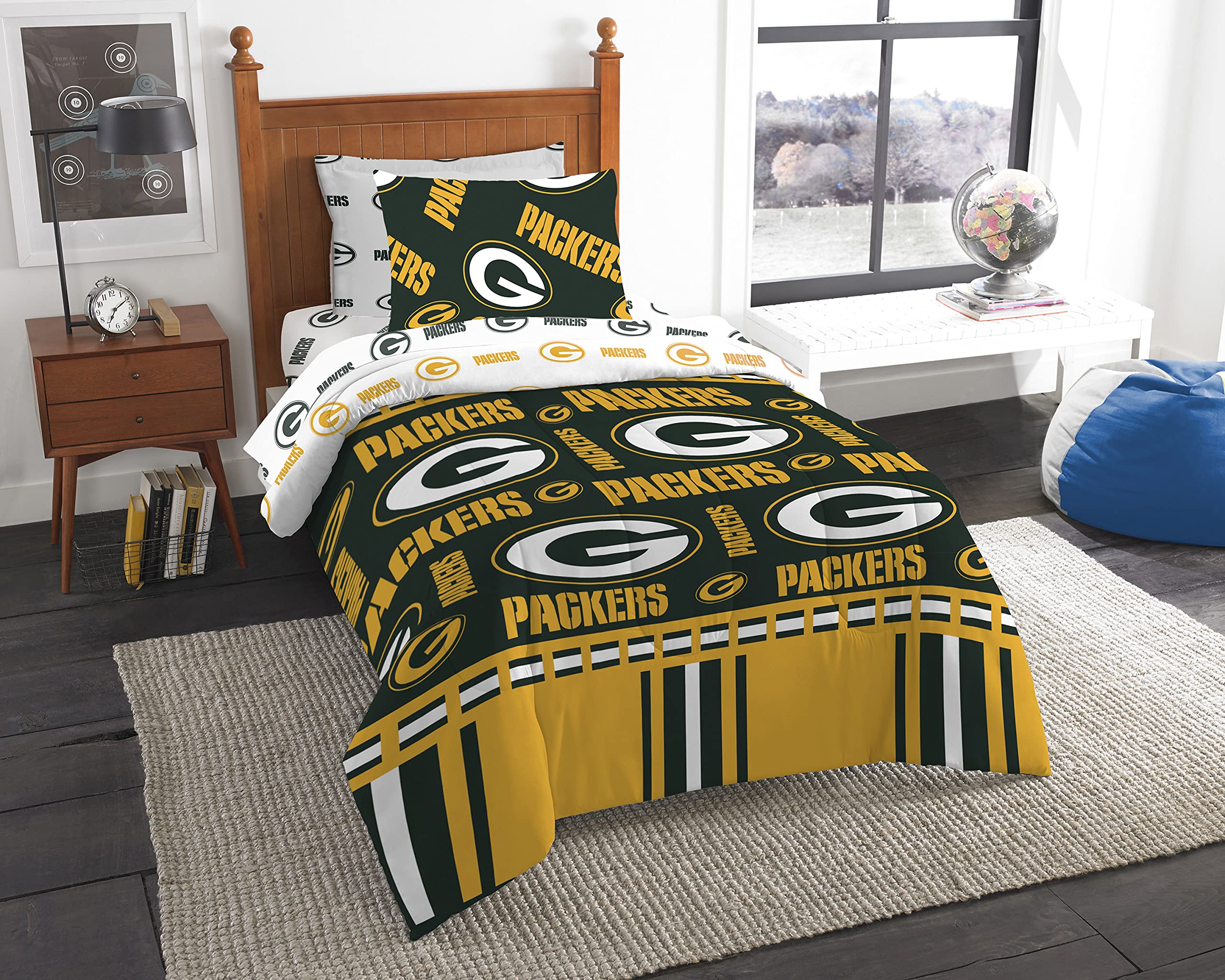 Green Bay Packers NFL Bedding Set - Twin Size Comforter, Sheet & Pillowcase - Perfect for Game Day Decor & Fan Bedrooms
