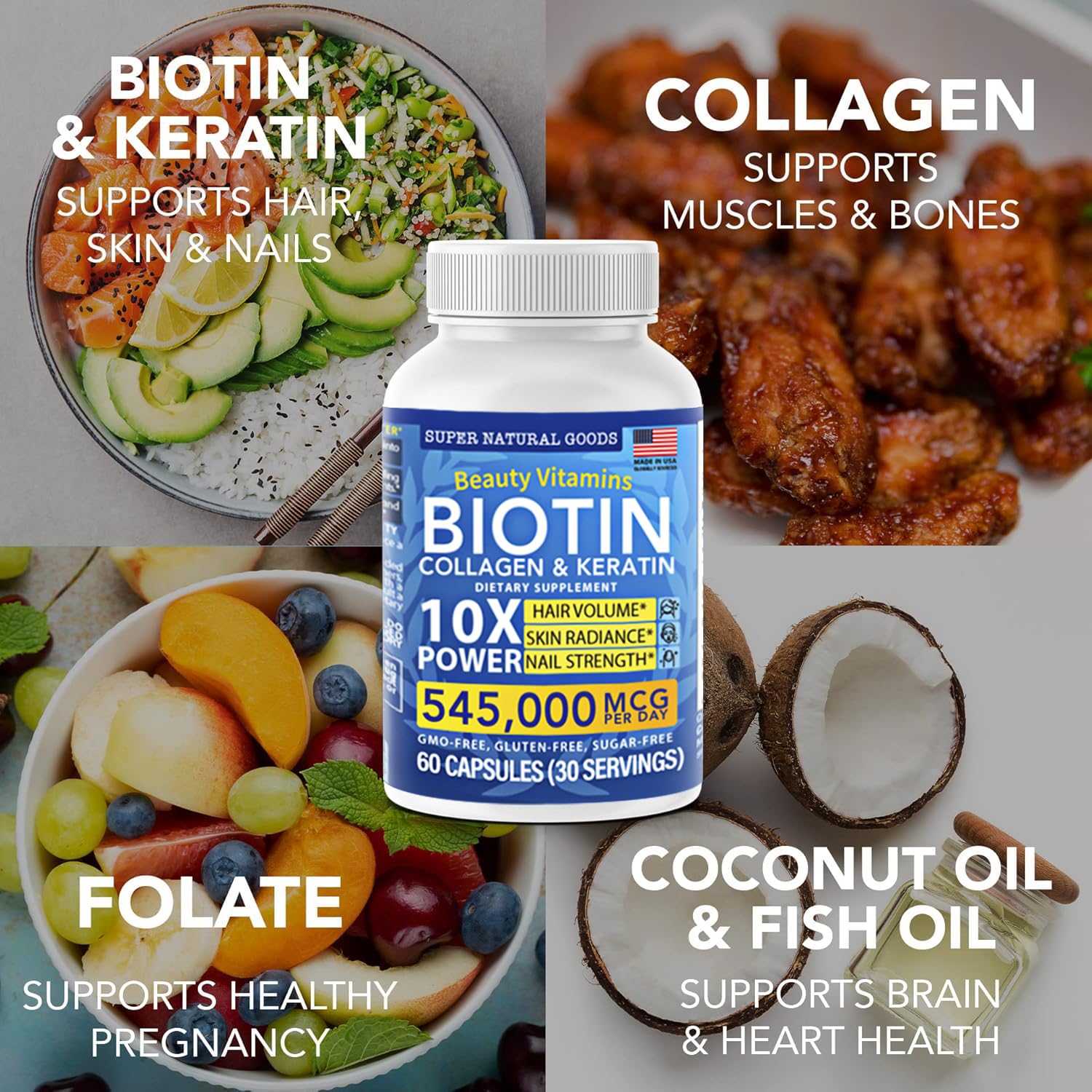 Biotin & Collagen Vitamins with Keratin and Folate - Hair Growth Supplement for Women & Men - Supports Healthy Hair, Skin & Nails - Postpartum Hair Loss Treatment - GMO Free, Gluten Free (60 Capsules) - Perfect for Daily Hair Care Routine and Post Pregnancy Recovery
