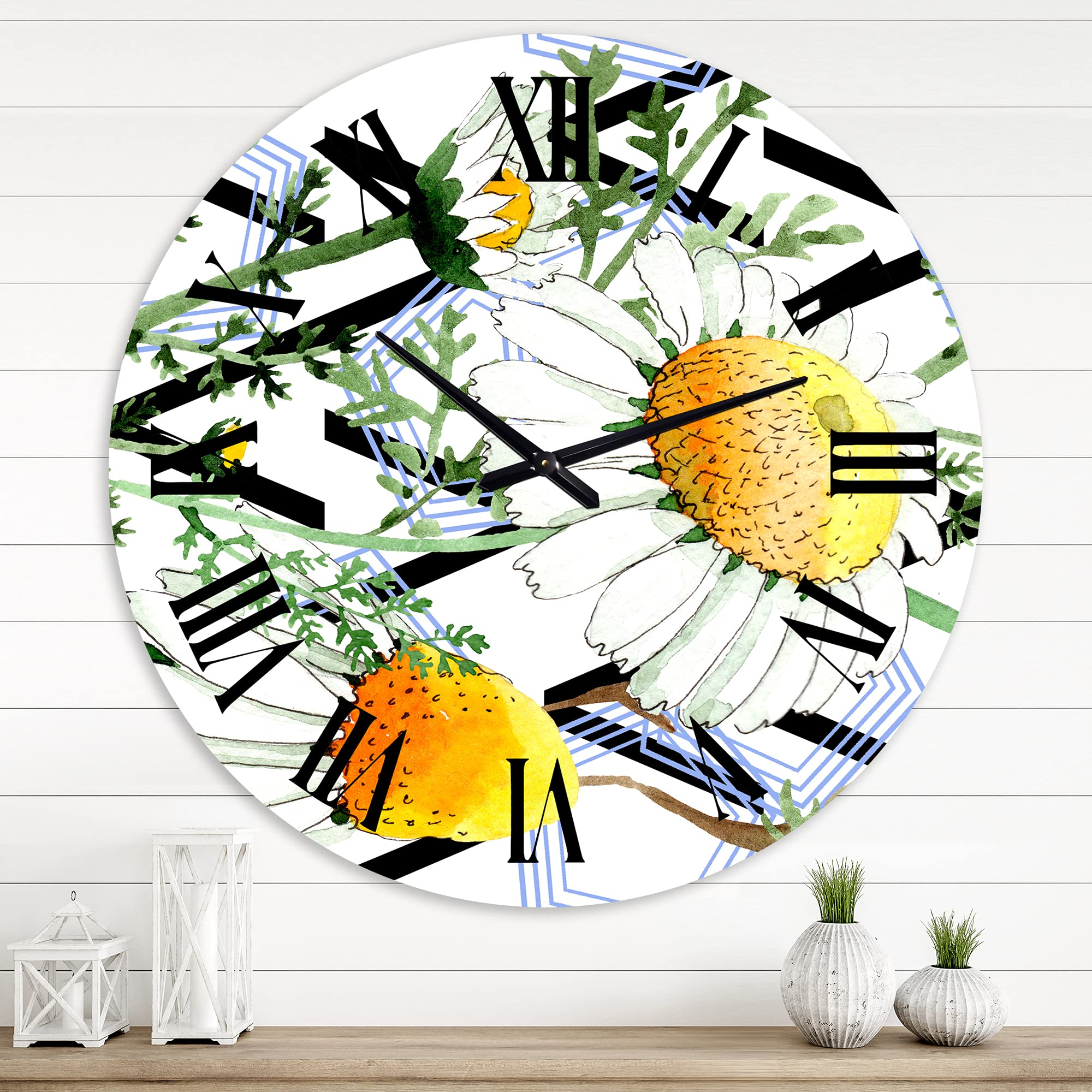 Wild Spring Chamomile Flowers Geometric Wall Clock - Large Traditional Floral Decor for Living Room, Bedroom & Office | Silent Non-Ticking Home Décor