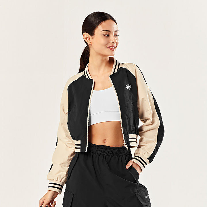Stylish Woven Crop Varsity Jacket for Women - Trendy Casual Outerwear for College, Streetwear & Fall Fashion