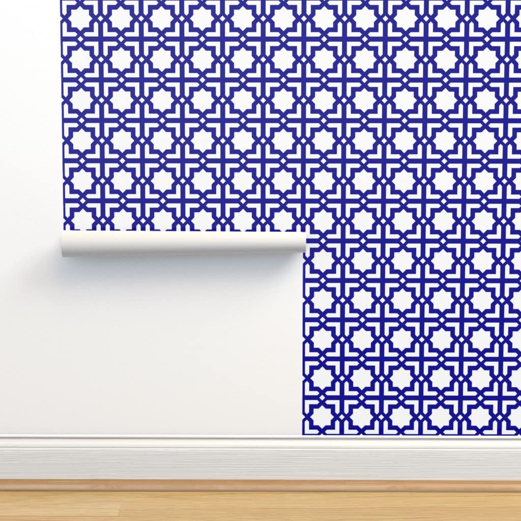 Premium Commercial Grade Wallpaper - 27ft x 2ft White & Blue Tile Star Moroccan Traditional Peel and Stick Wallpaper for Living Room, Bedroom, Kitchen Backsplash, Home Decor