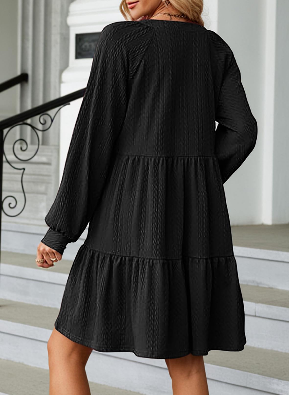 Dokotoo Women's Long Sleeve V-Neck Textured Casual Dress 2025 | Tiered Ruffle A-Line Swing Mini Babydoll Dress for Date Night, Party & Everyday Wear