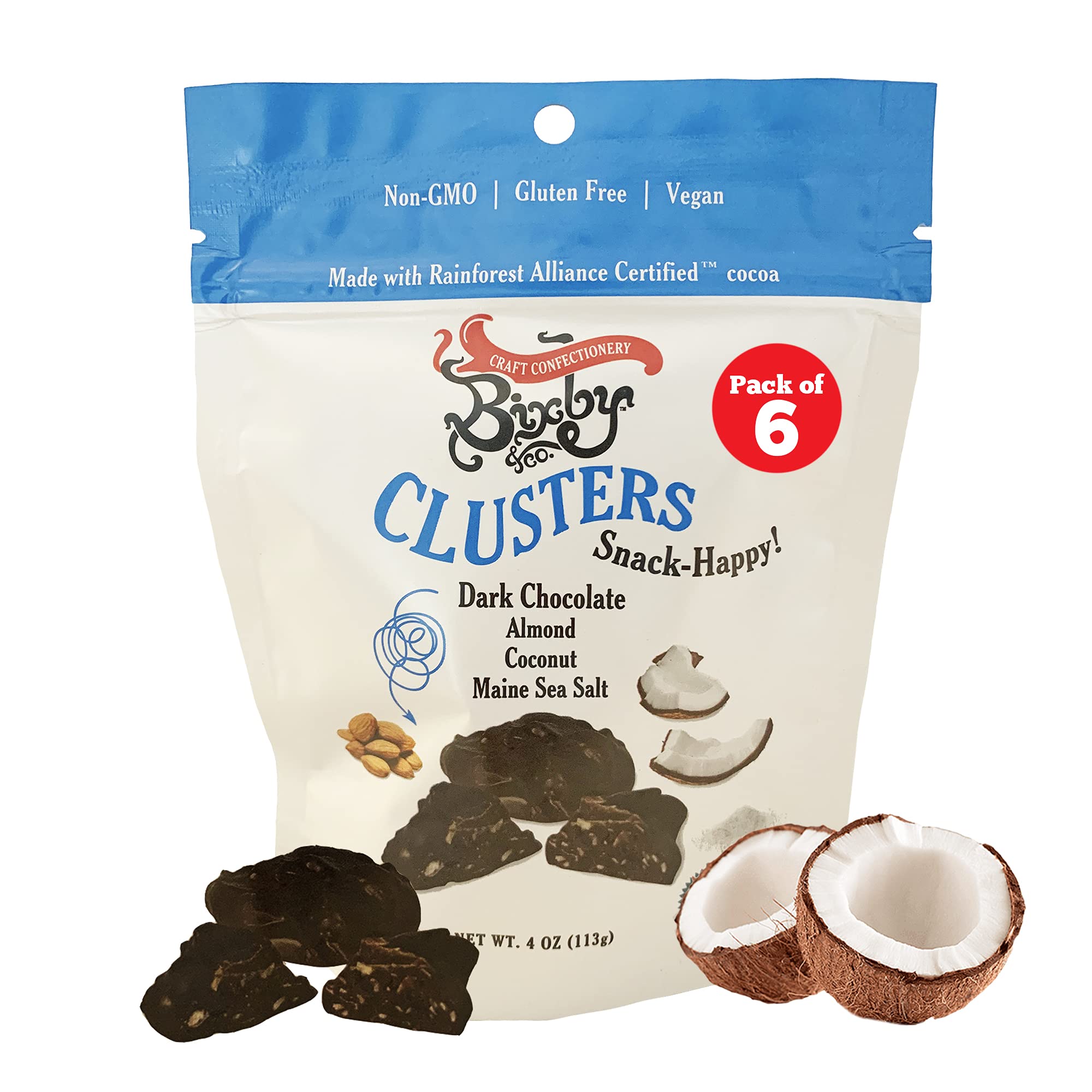 Bixby 6-Pack Dark Chocolate Covered Almonds & Coconut Clusters | Kosher, Non-GMO, Gluten-Free Snacks | Resealable 4oz Bags for On-the-Go | Healthy Chocolate Nut Mix | Perfect for Office Snacks, Travel & Gift Giving