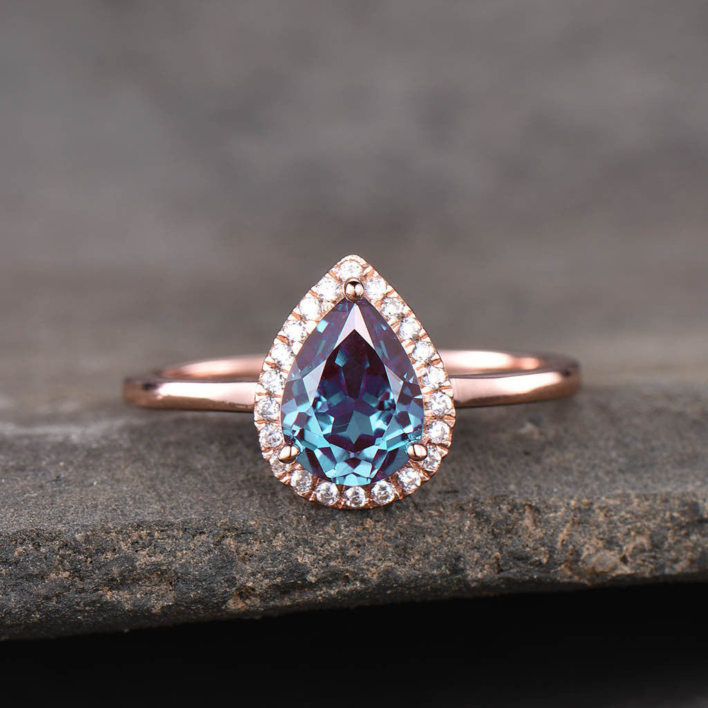 Vintage Pear Shaped Lab Created Alexandrite Engagement Ring - 14K Gold Solitaire Promise Ring for Women, Perfect for Proposals, Anniversaries & Special Occasions