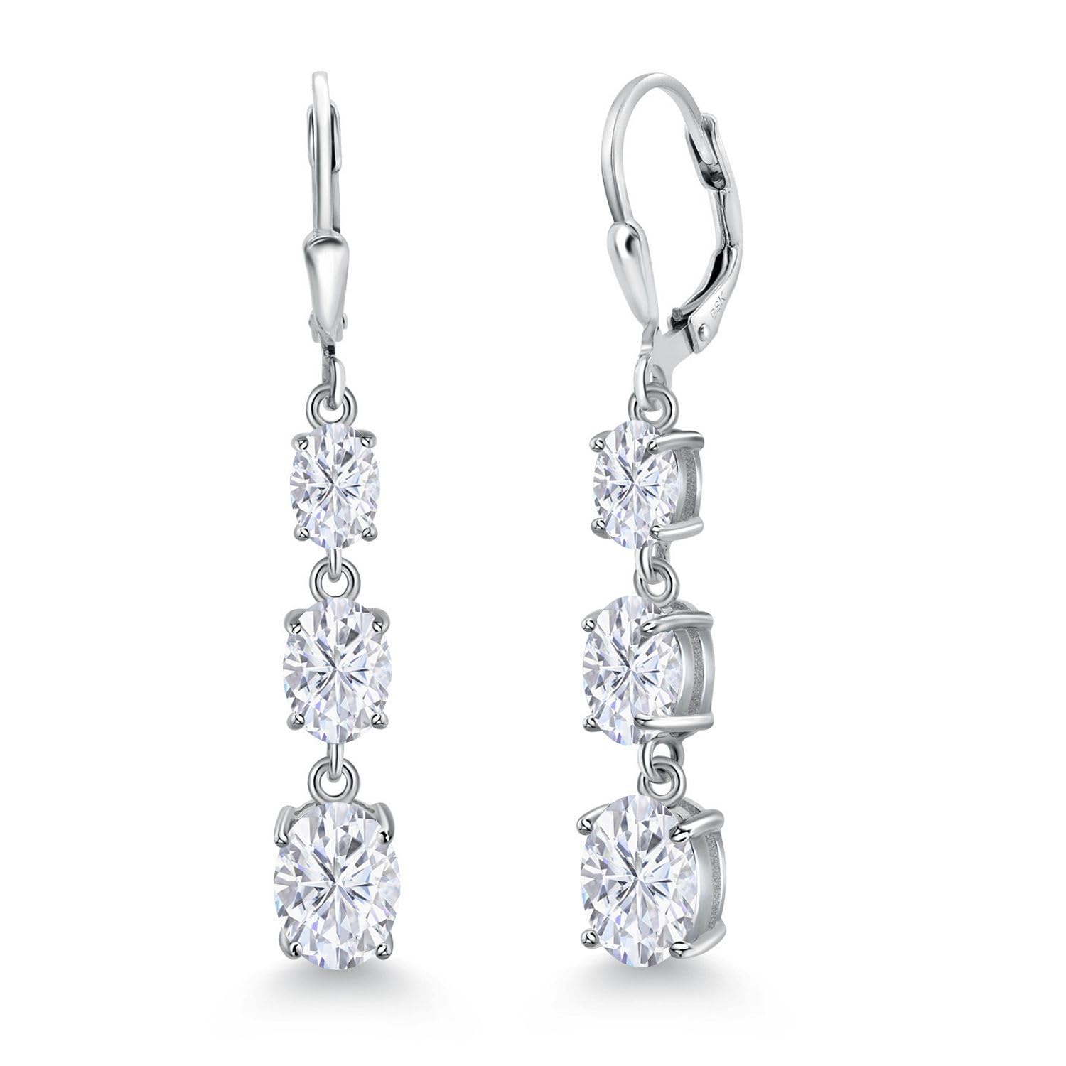 Gem Stone King 3-Stone Leverback Drop Dangle Earrings for Women - 925 Sterling Silver Birthstone Jewelry | Oval 8x6mm, 7x5mm & 6x4mm Gemstones | Elegant Gift for Mom, Wife & Women | Perfect for Weddings, Parties & Special Occasions