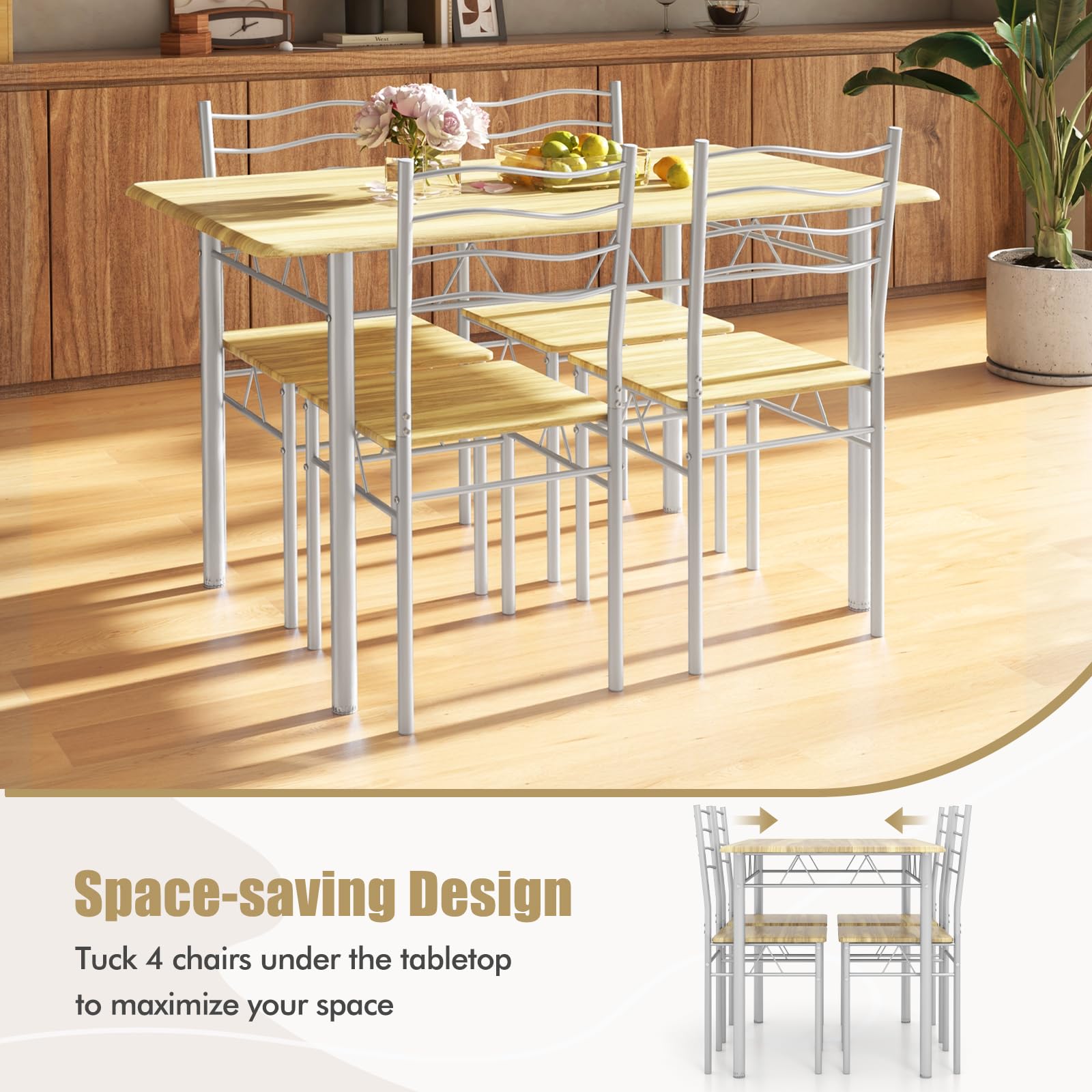 Giantex Modern 5-Piece Dining Table Set with 4 Chairs, Wood & Metal Kitchen Breakfast Furniture Set, Natural Finish - Perfect for Small Spaces, Apartments, and Cozy Family Meals