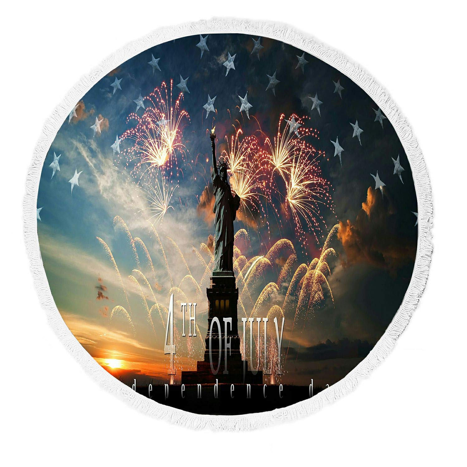 Statue of Liberty USA Flag Sunrise Fireworks Round Beach Blanket with Tassels - Waterproof Picnic Mat, Yoga Towel & Outdoor Throw for Beach, Park, Camping & Travel