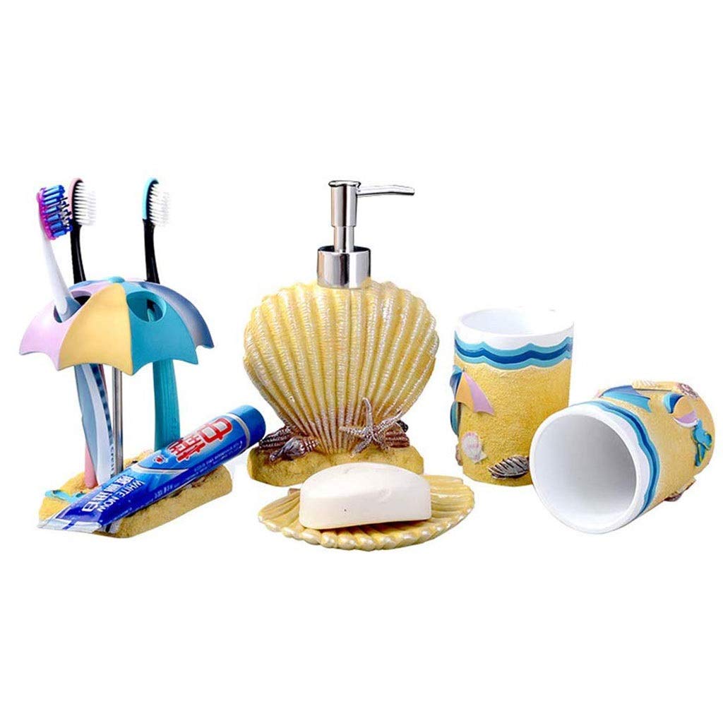 Beach Style Resin Soap Dispenser Set - 5-Piece Bathroom Accessories Kit with Toothbrush Holder, Tumbler & Soap Dish | Modern Coastal Decor for Bathroom, Guest House & Vacation Home