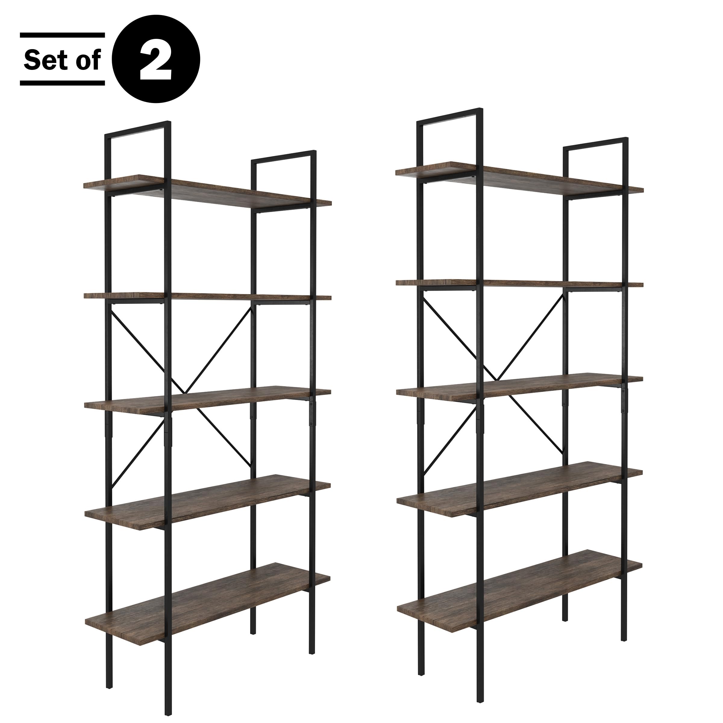 Lavish Home 5-Tier Bookshelf Set – Set of 2 Industrial Style Wooden Bookcases – Freestanding Shelving Unit for Home, Office, Living Room or Bedroom Storage (Brown Woodgrain) – Perfect for Organizing Books, Decor & Display Items