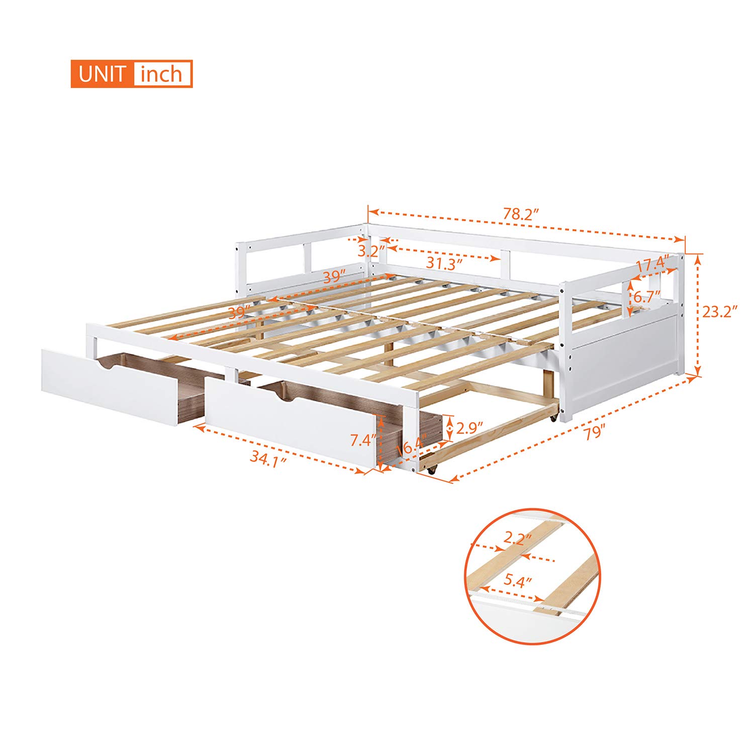 Twin Daybed with Trundle & 2 Storage Drawers - White Wooden Extendable Sofa Bed for Small Spaces, Guest Room & Living Room - Perfect for Sleepovers, Home Office & Multi-Purpose Furniture