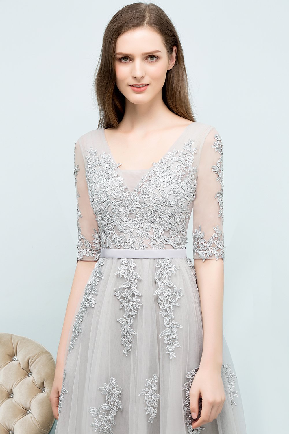 Elegant MisShow Double V-Neck Half Sleeve Tulle Applique Prom Dress for Evening Gala & Formal Events | Homecoming, Wedding Guest, Cocktail Party