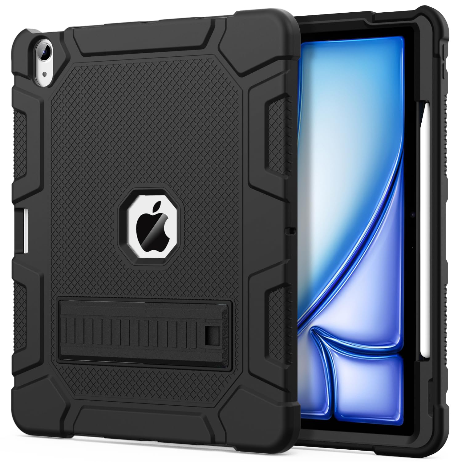 Shockproof Rugged Protective Case for iPad Air 13-inch (M3/M2) 2025/2024 - Heavy Duty Cover with Built-in Apple Pencil Holder - Perfect for Travel, Work & Outdoor Use - Black