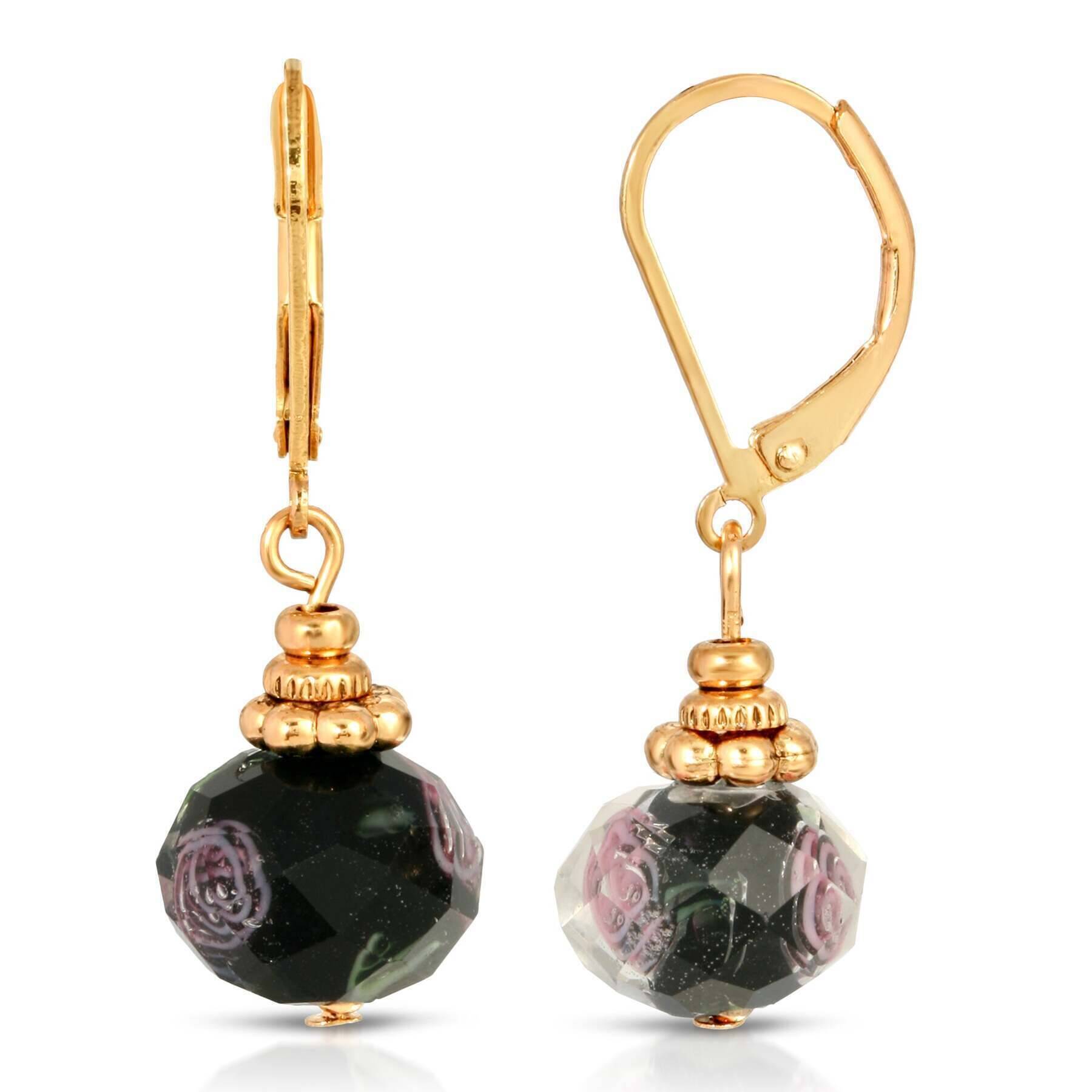 1928 Black Bead Pink Bel Fiore Motif Earrings - Vintage Inspired Dangle Earrings for Women, Perfect for Weddings, Parties & Special Occasions