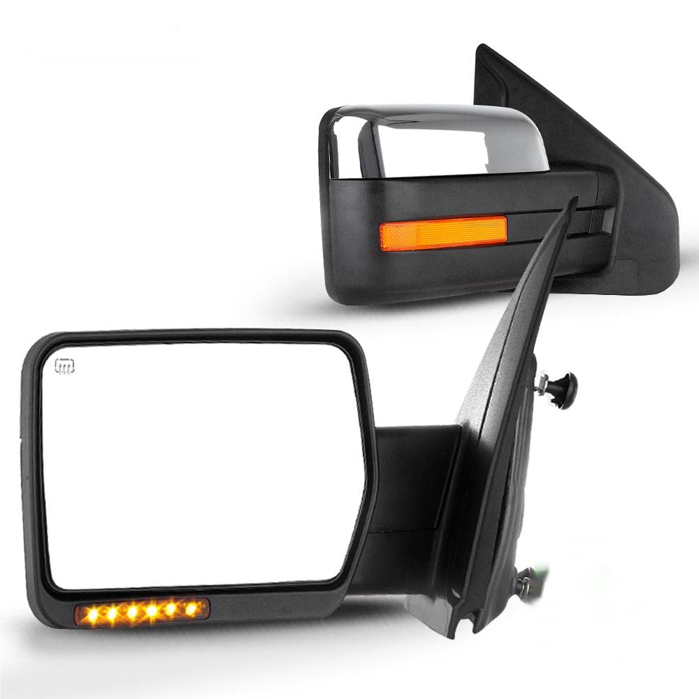 SCITOO Power-Adjusted Heated Towing Mirrors with Turn Signal & Puddle Light - Chrome Housing & Reflective Stripe - Replacement Tow Mirrors for 2004-2014 Ford F150 Pickup - Perfect for Towing, Off-Roading & Night Driving