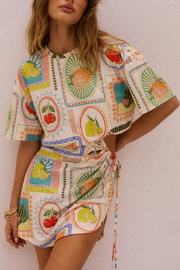 Summer Fruit Print Short Sleeve Off-Shoulder Tie Waist Mini Dress - Floral Summer Dress for Beach Vacation, Party & Date Night