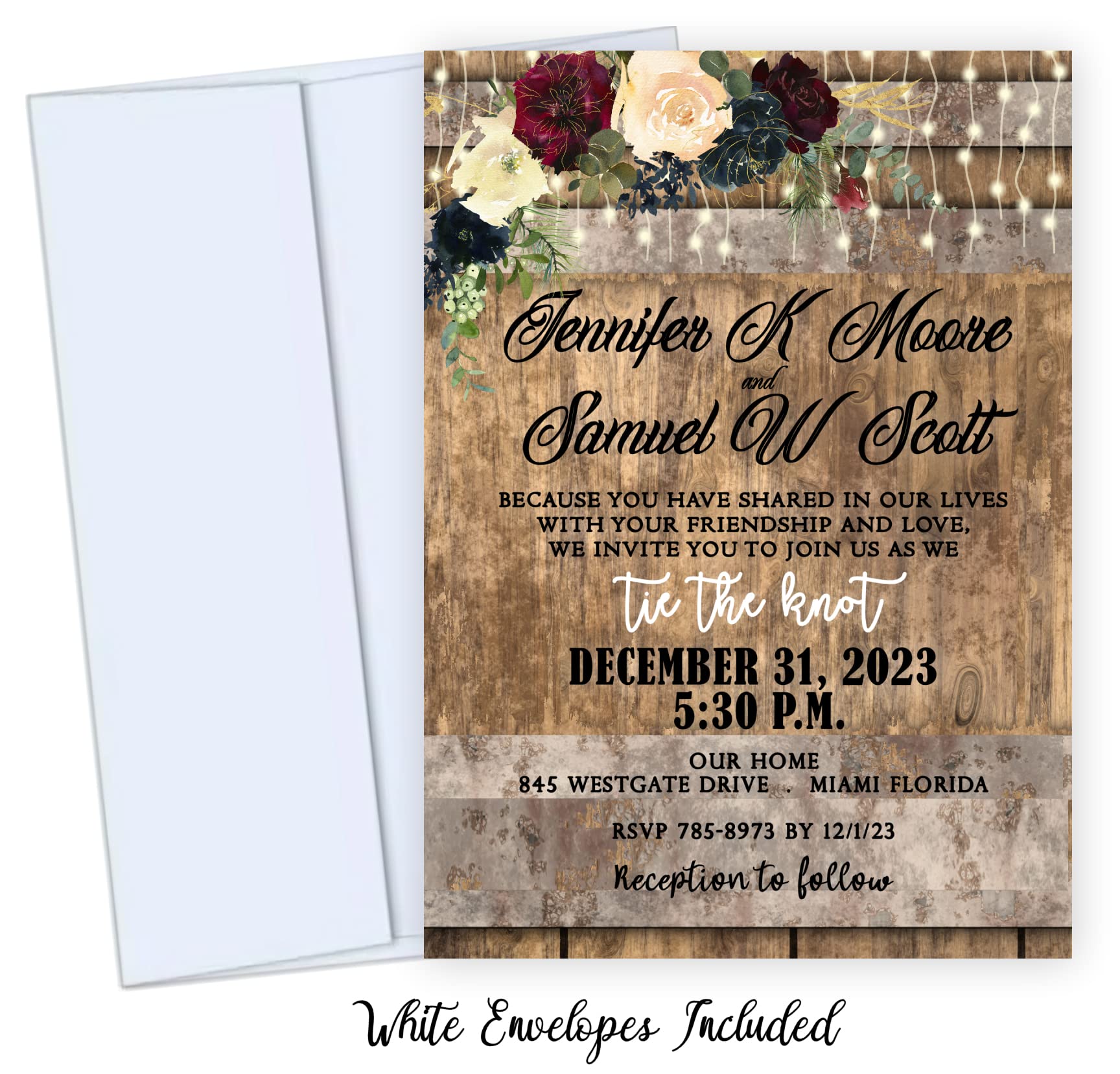 Custom Rustic Wedding Invitations Set of 50 - Ivory & Red Rose Country Theme with White Envelopes | Perfect for Barn Weddings, Country Chic Nuptials & Vintage-Themed Celebrations
