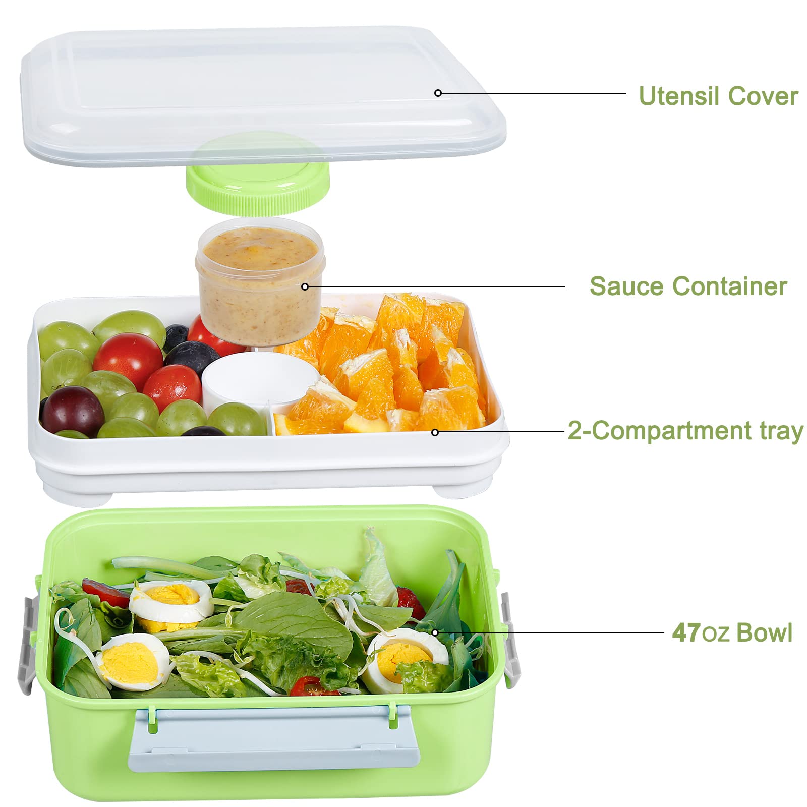 3 Pack 47oz Bento Box with Lids - Reusable Microwave Safe Salad & Meal Prep Containers for Kids & Adults | Includes Removable Tray & Dressing Pots | Perfect for Office Lunch, Picnics & Healthy Eating On-The-Go